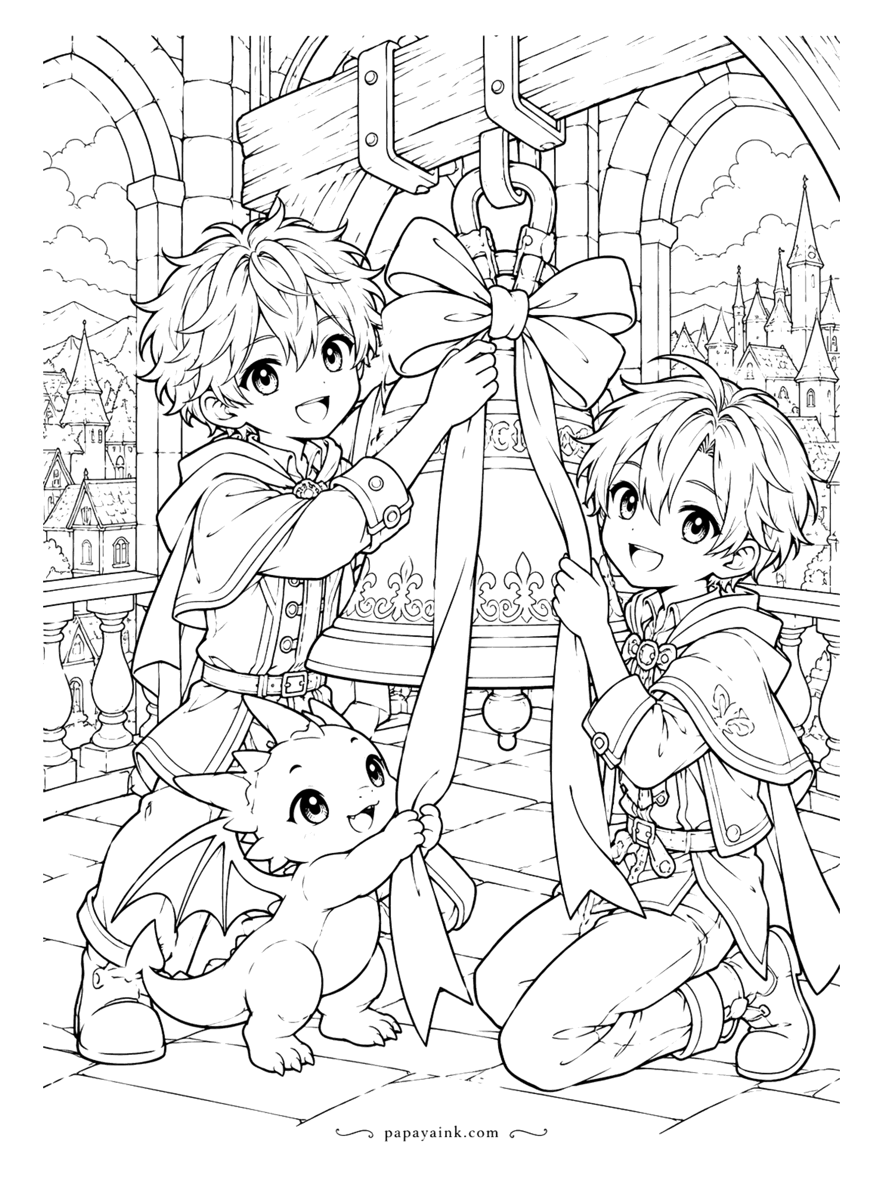 Anime Boy Coloring Pages - Festival morning in the bell tower. A pair of friends in short capes tie a giant bow around the bell while a baby gargoyle hangs on to the end of the ribbon, the rooftops of the old town spread out below. Detailed.