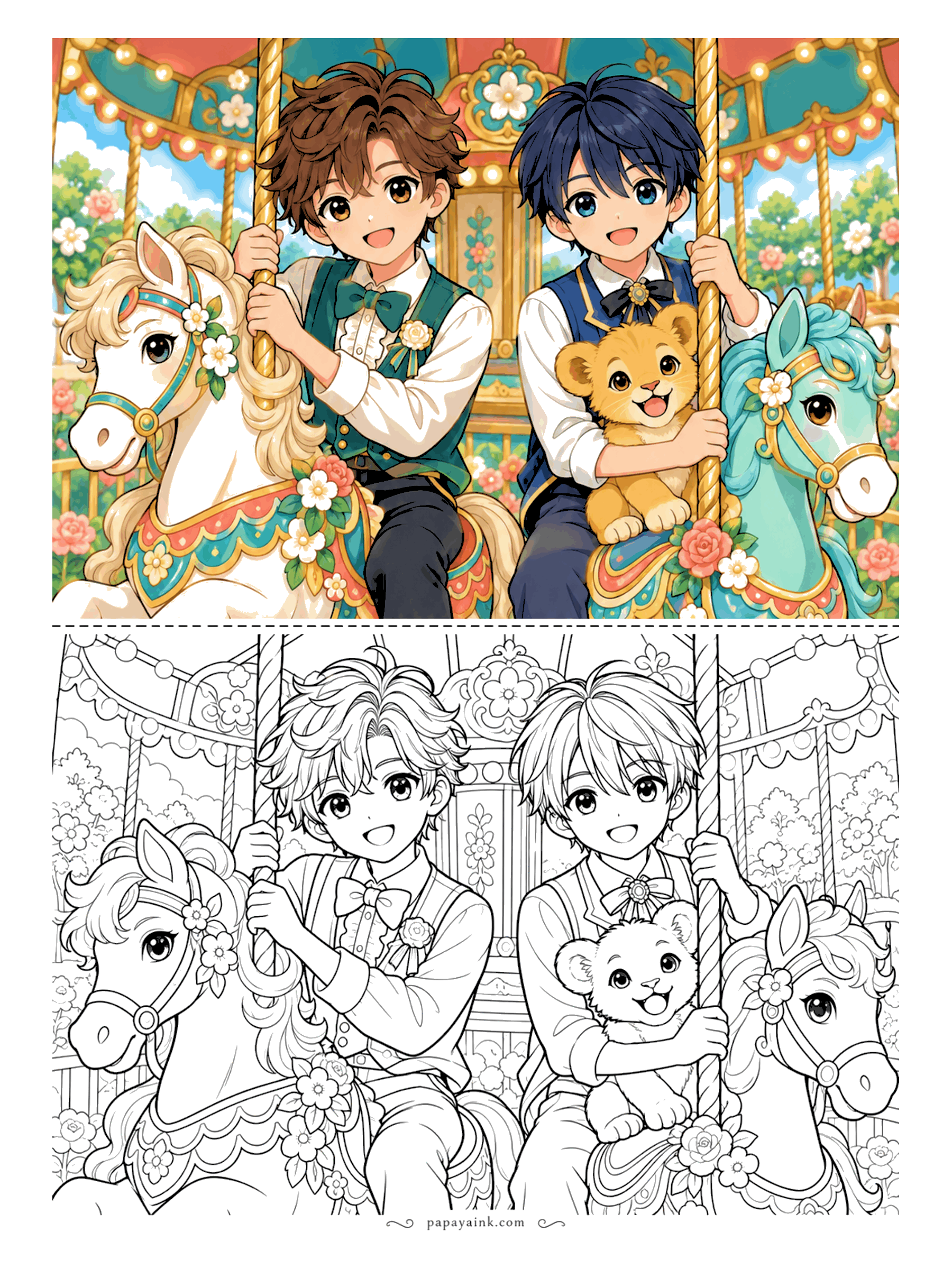 Anime Boy Coloring Pages - Round and round on painted horses - a pair of friends in vests and bow ties ride the carousel, with a lion cub along for the trip. Detailed, with roses, bulb lights and ornate saddles.