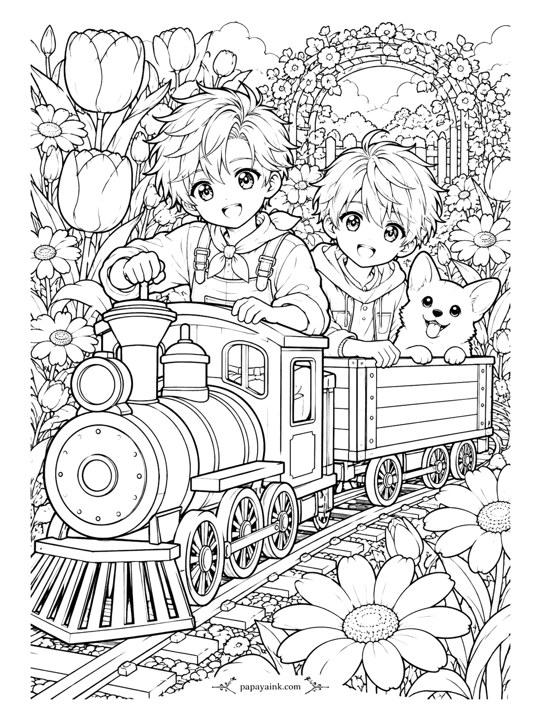 Anime Boy Coloring Pages - All aboard the garden railway! An engineer in a neckerchief, a friend and a corgi roll through tulips and daisies taller than the train itself.