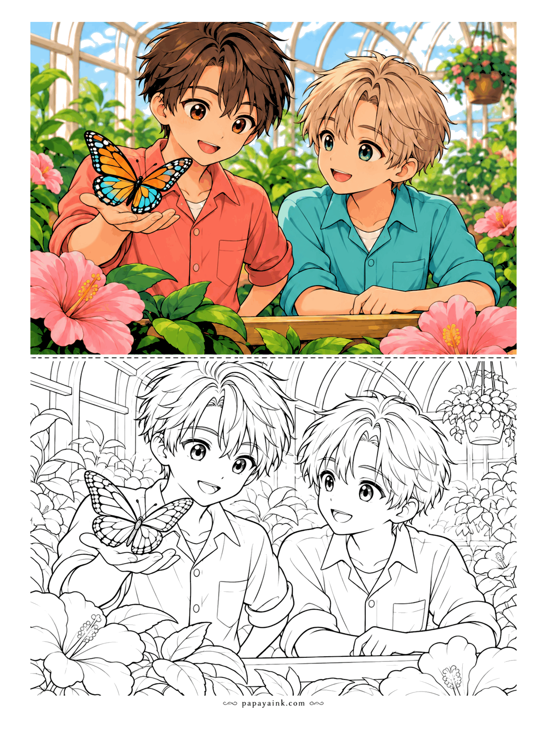 Anime Boy Coloring Pages - Hold still - a butterfly has landed on an open palm, and both friends lean in to look. The greenhouse around them is full of hibiscus blooms and broad leaves.