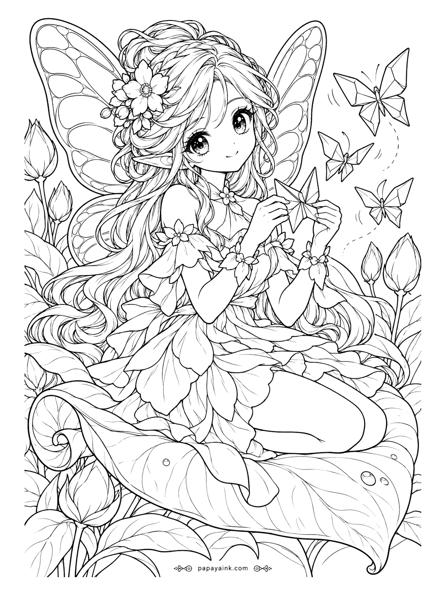 Anime Girl Coloring Pages - Wings spread, a garden fairy folds paper butterflies that flutter off as soon as they are finished. Detailed - petal skirt, tulip buds and a giant curled leaf.
