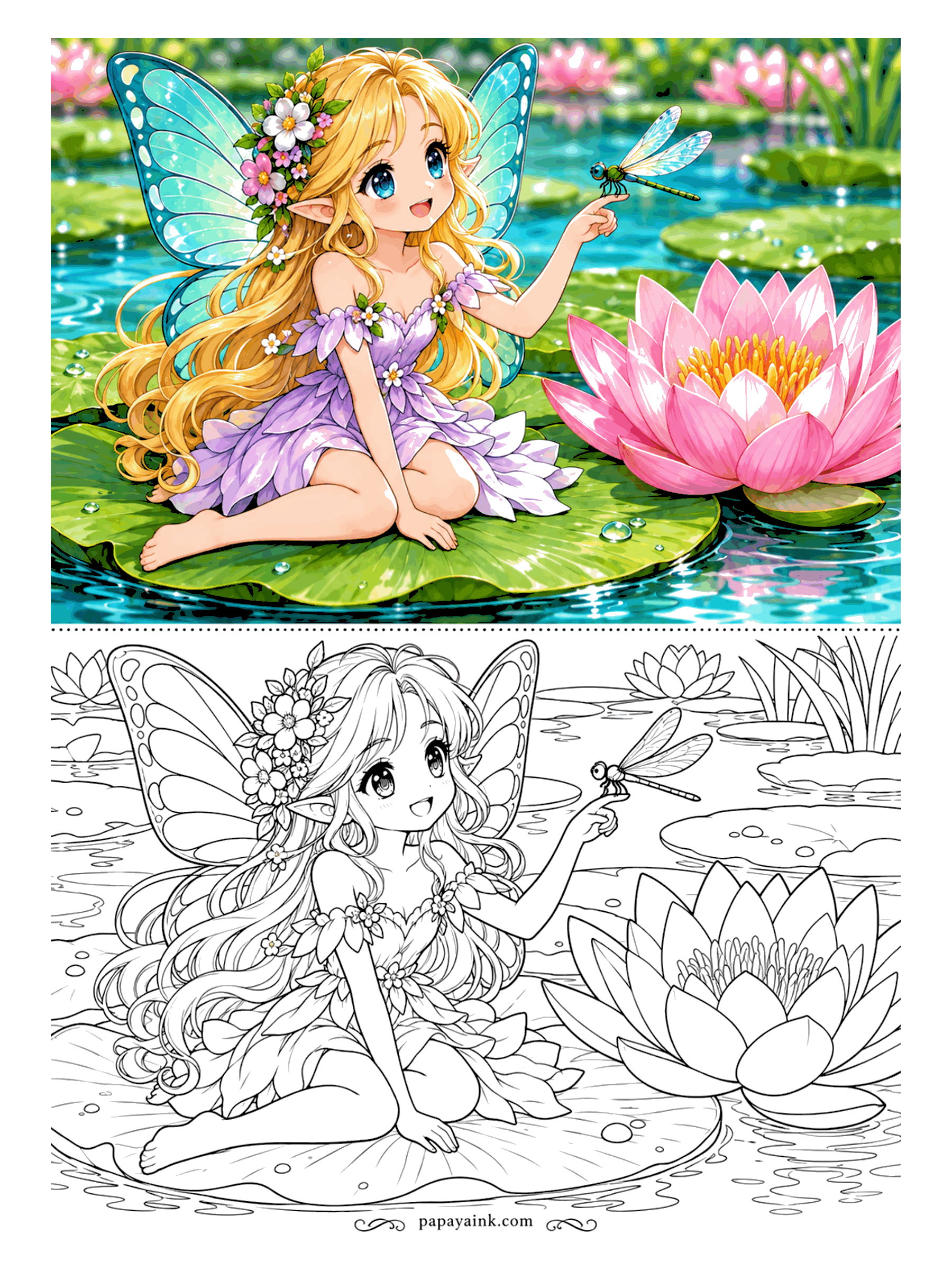 Anime Girl Coloring Pages - Perched on a lily pad, a tiny fairy lets a dragonfly land on her fingertip beside a lotus as big as she is. Golden hair, lilac petals and turquoise wings in the sample.