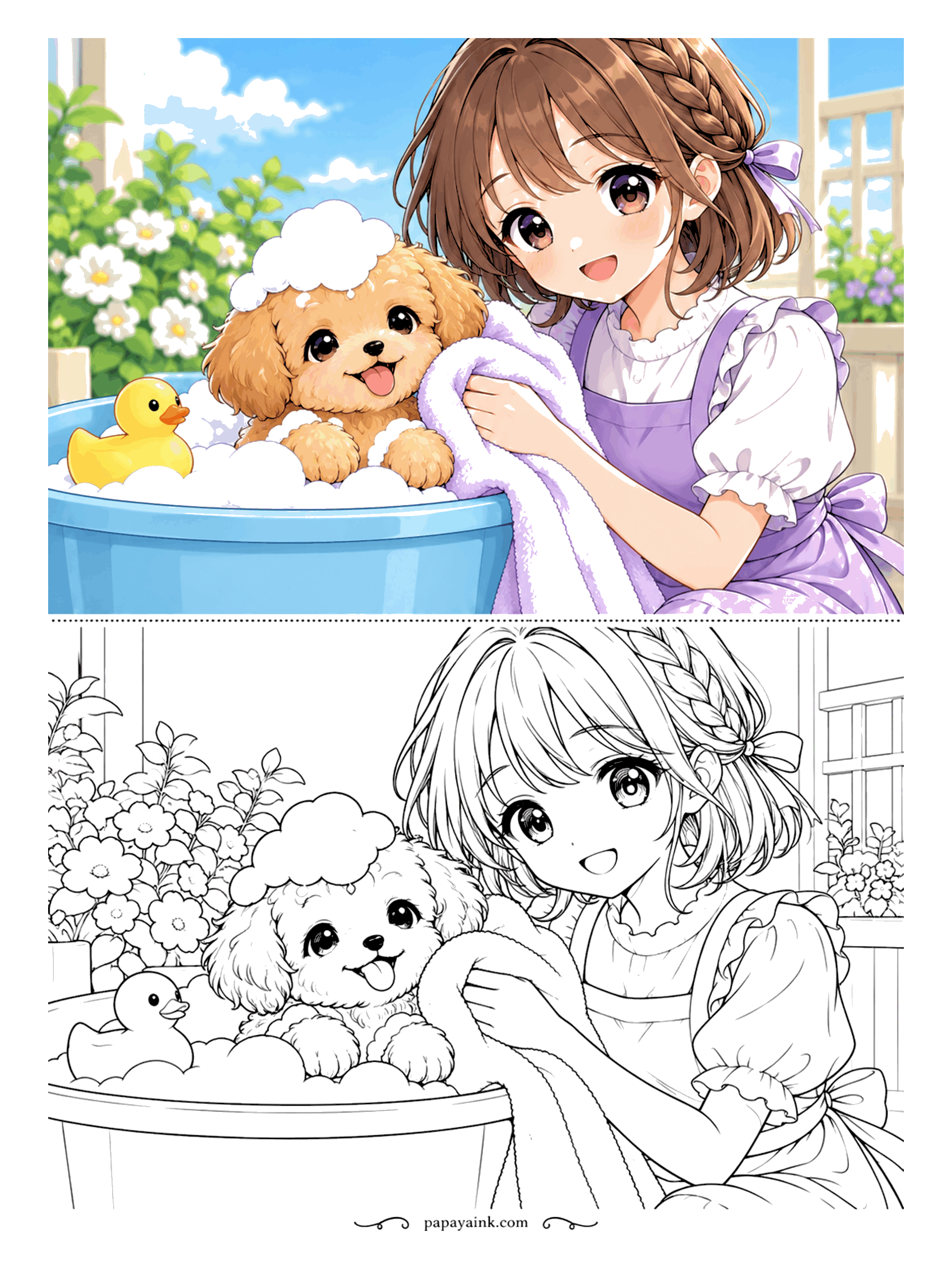 Anime Girl Coloring Pages - Bath time on the porch for a curly puppy wearing a hat of soap bubbles, with a fluffy towel at the ready and a rubber duck floating by.