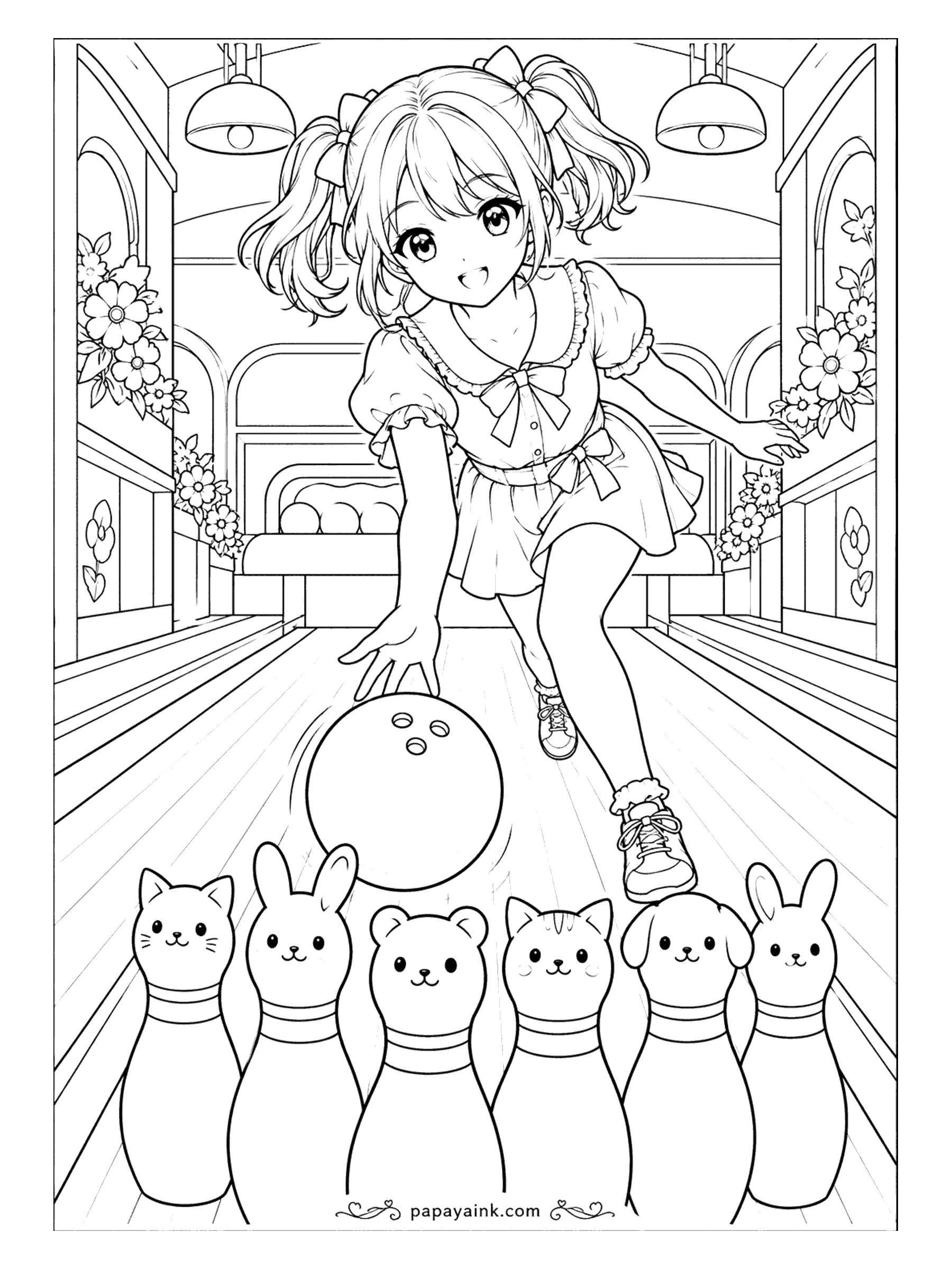 Anime Girl Coloring Pages - Strike incoming! The ball is already rolling down the lane toward a row of pins with kitten, bunny, bear and puppy faces. Simple bold shapes - a quick, cheerful page.