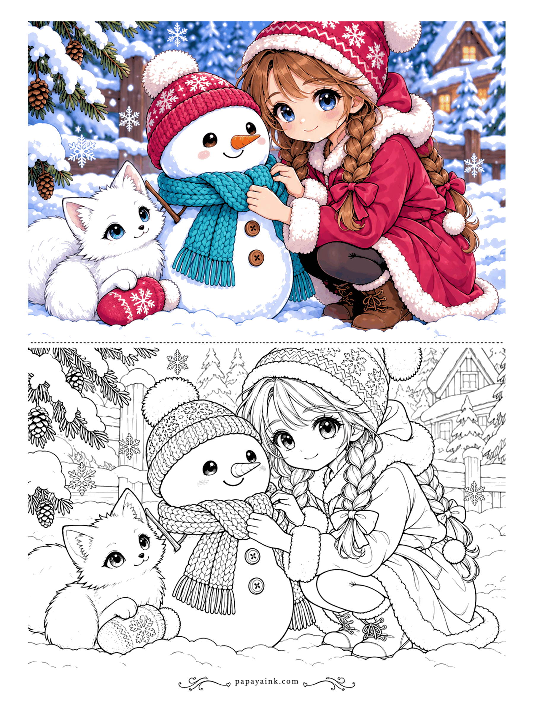Anime Girl Coloring Pages - Finishing touch for the snowman: a chunky knitted scarf, tied on under the watchful eye of a white fox cub guarding a mitten.