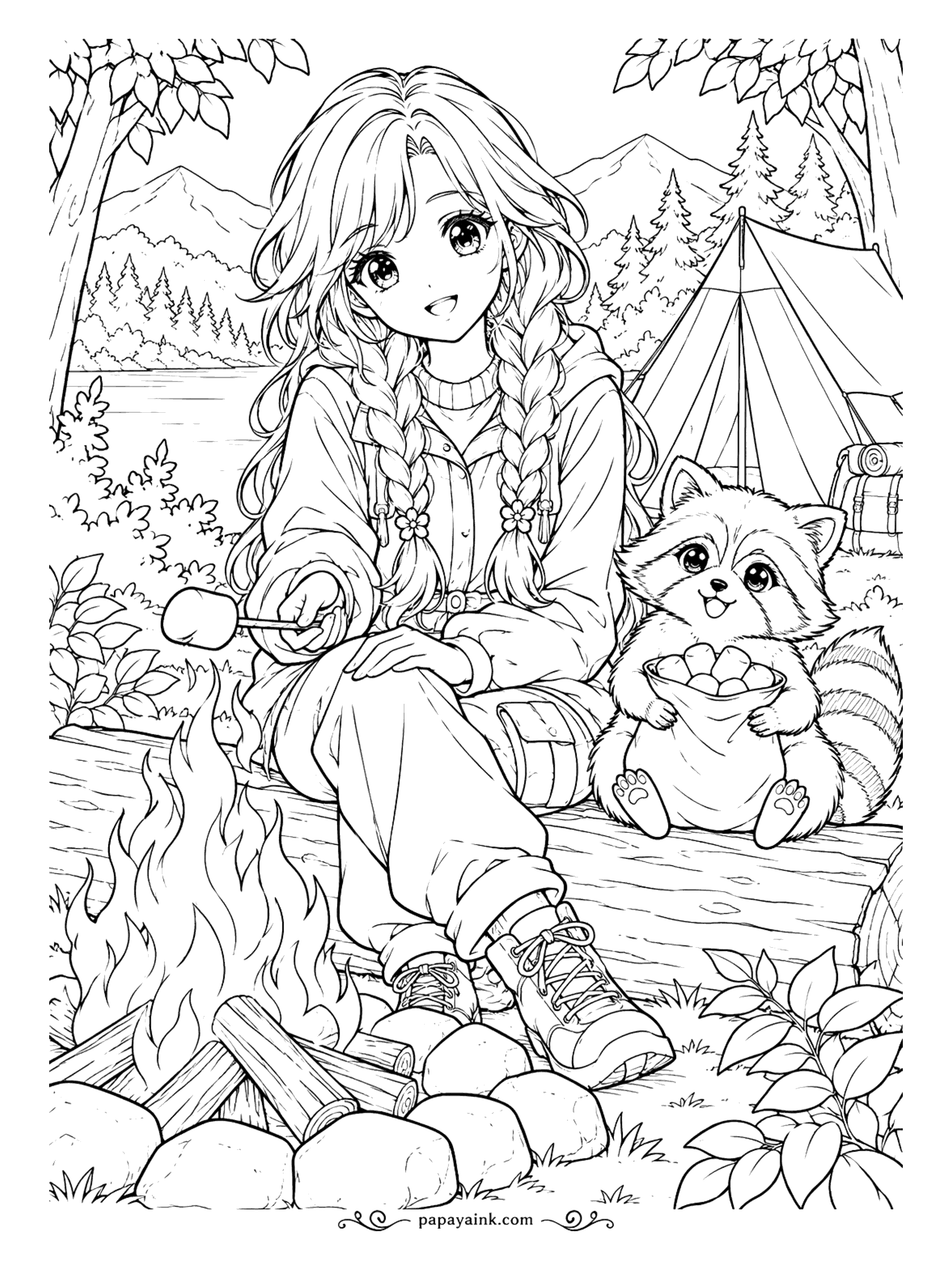 Anime Girl Coloring Pages - Lakeside camp with a tent pitched under the pines and a marshmallow toasting over the fire. The raccoon on the log is in charge of the rest of the bag.