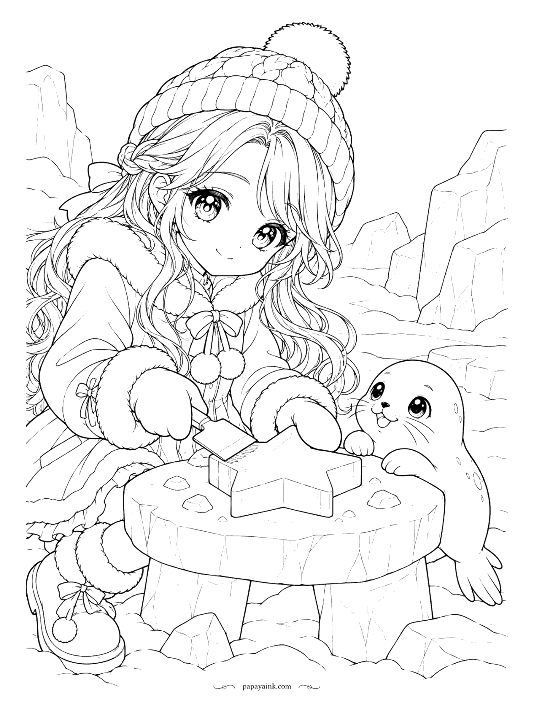 Anime Girl Coloring Pages - Out on the ice, bundled in a fur-trimmed coat and a pom-pom hat, she brushes the last chips off a star carved from ice while a seal pup leans in for a closer look.