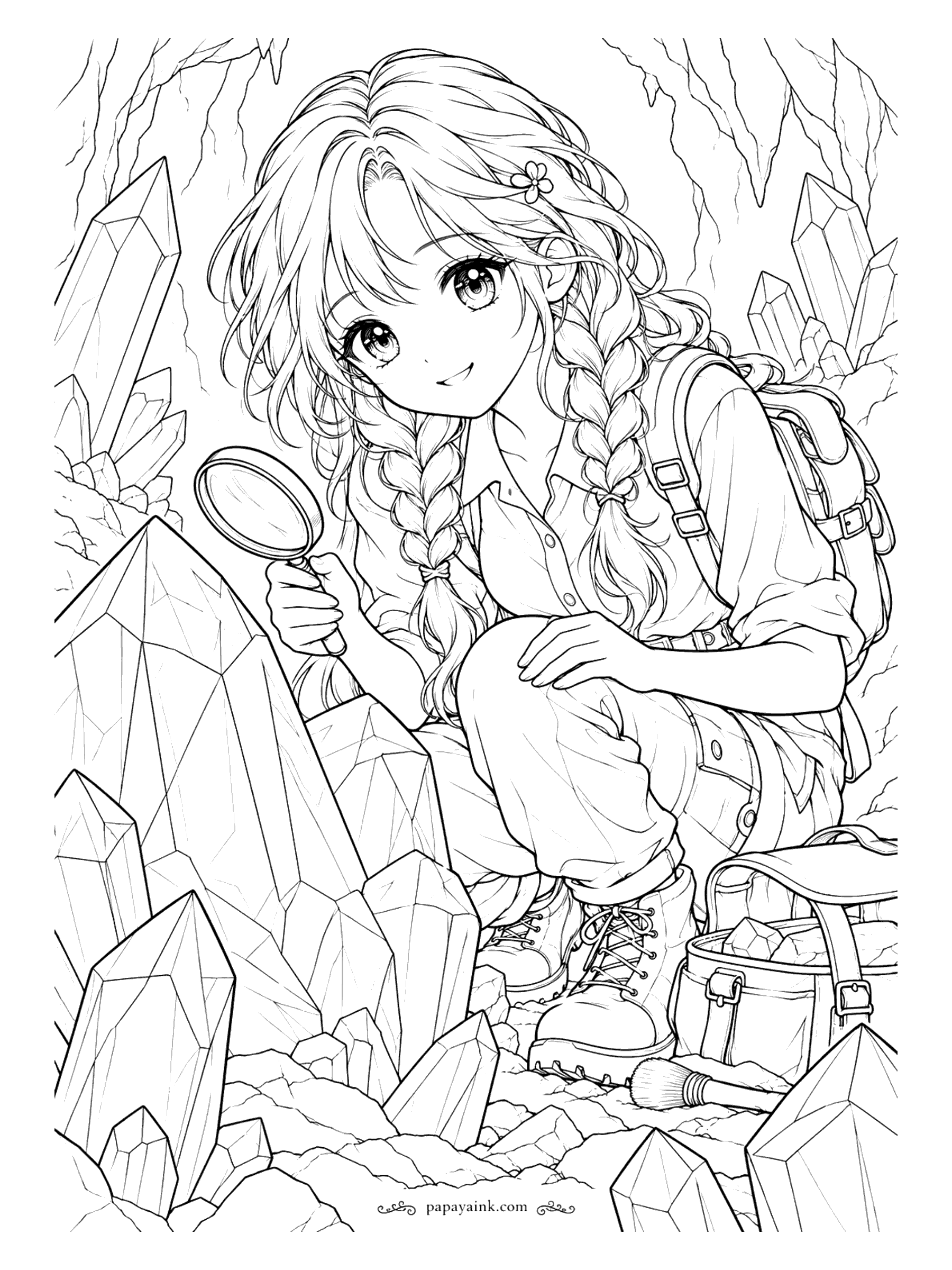 Anime Girl Coloring Pages - Deep in a crystal cave, a rock hound with a backpack and a magnifying glass studies the biggest crystal of all. The faceted surfaces are made for gradients and gel pens.