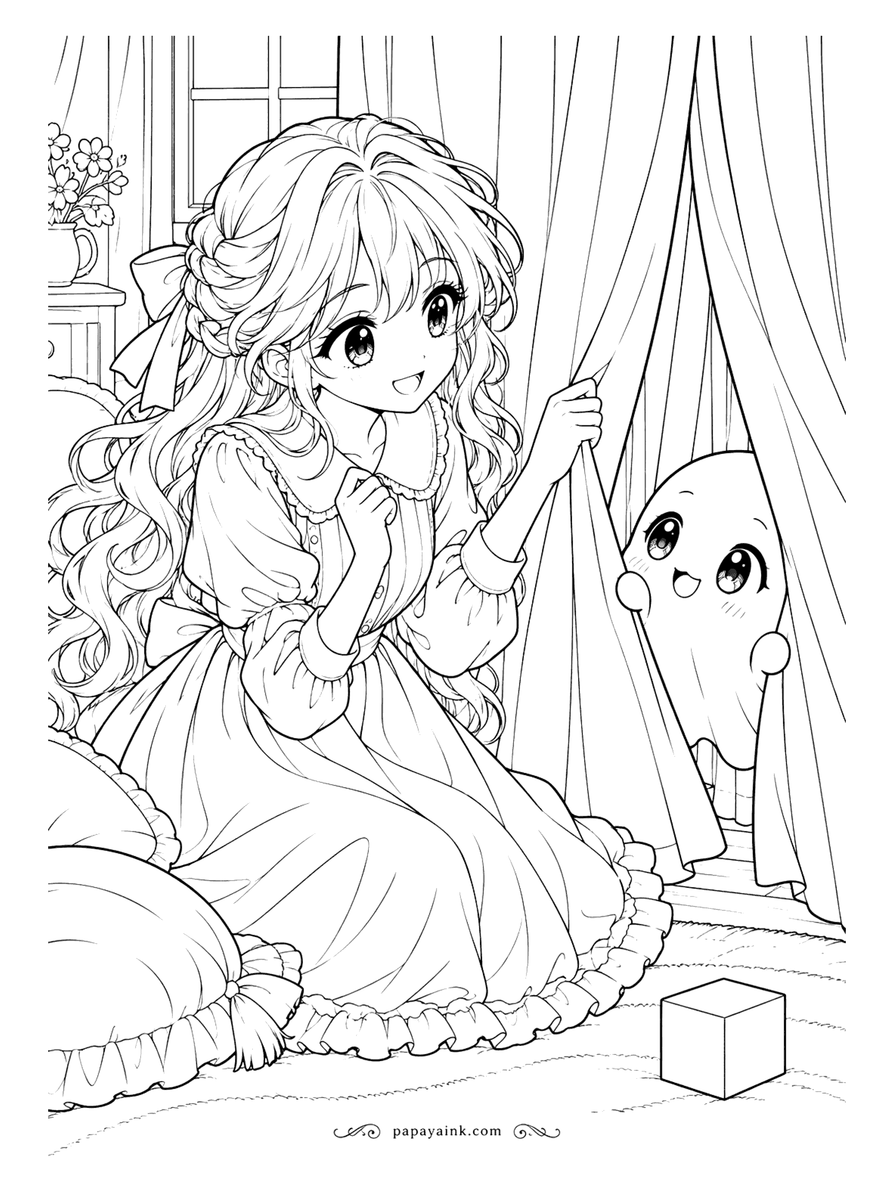 Anime Girl Coloring Pages - Somebody is hiding behind the bedroom curtain - a small, round, very friendly ghost with rosy cheeks, and she seems thrilled to have found it. Big open shapes make this an easy, relaxing page.