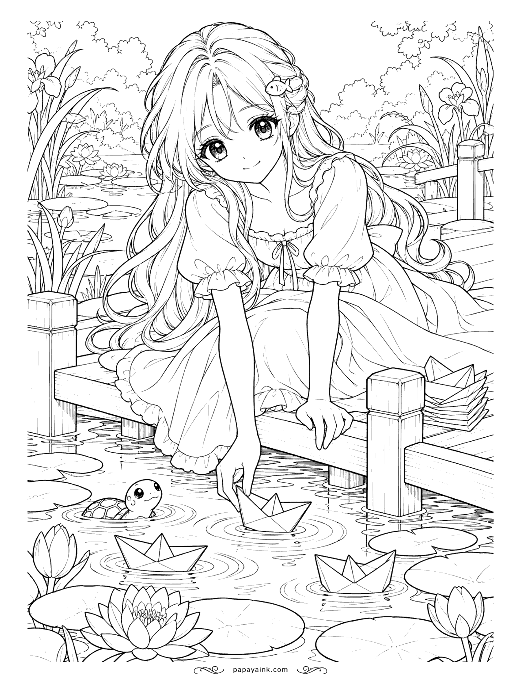 Anime Girl Coloring Pages - From the edge of a wooden dock she sets a paper boat on the pond, and a small turtle paddles over to inspect the fleet among the water lilies.