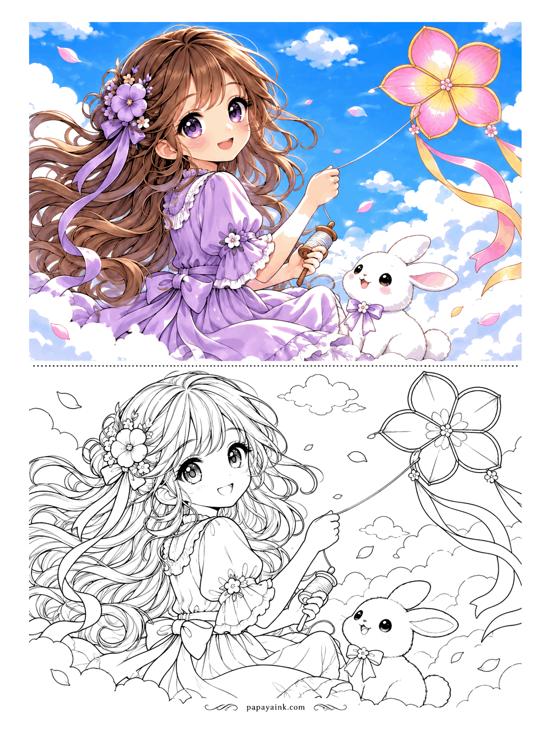 Anime Girl Coloring Pages - High above the clouds a flower-shaped kite pulls at its string, and a bunny in a bow cheers it on.