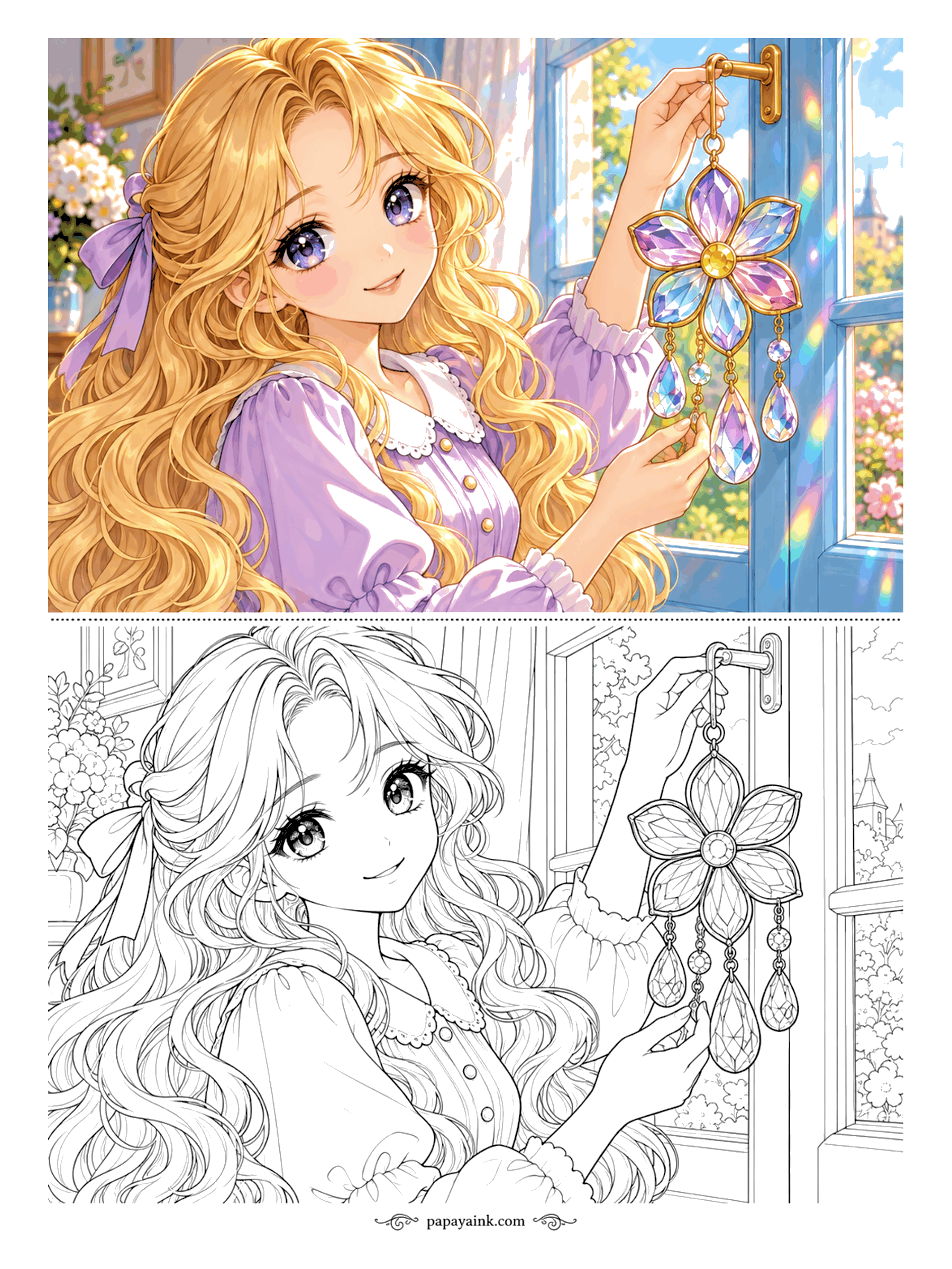 Anime Girl Coloring Pages - Rainbows scatter across the room as she hangs a crystal suncatcher in the window. Detailed - the faceted drops are a good place to practice soft pastel gradients.
