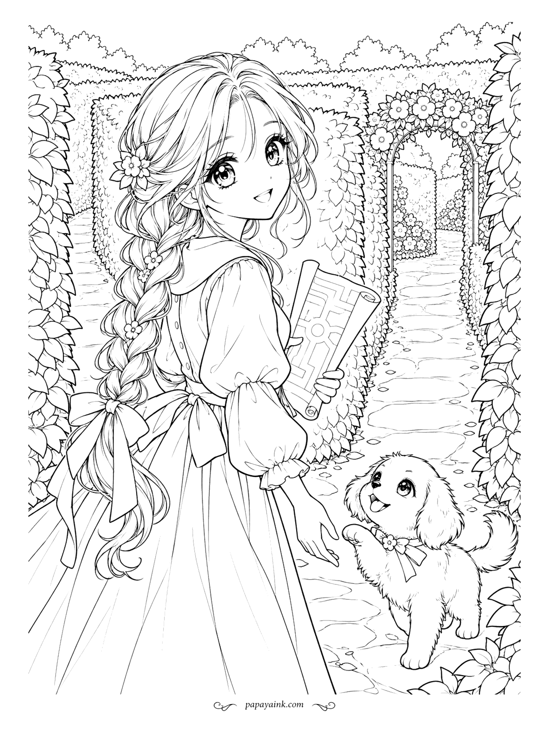 Anime Girl Coloring Pages - Lost? Not with a map in hand. In a garden maze of clipped hedges she looks back at the puppy trotting after her toward a rose arch. Detailed - leaves everywhere.