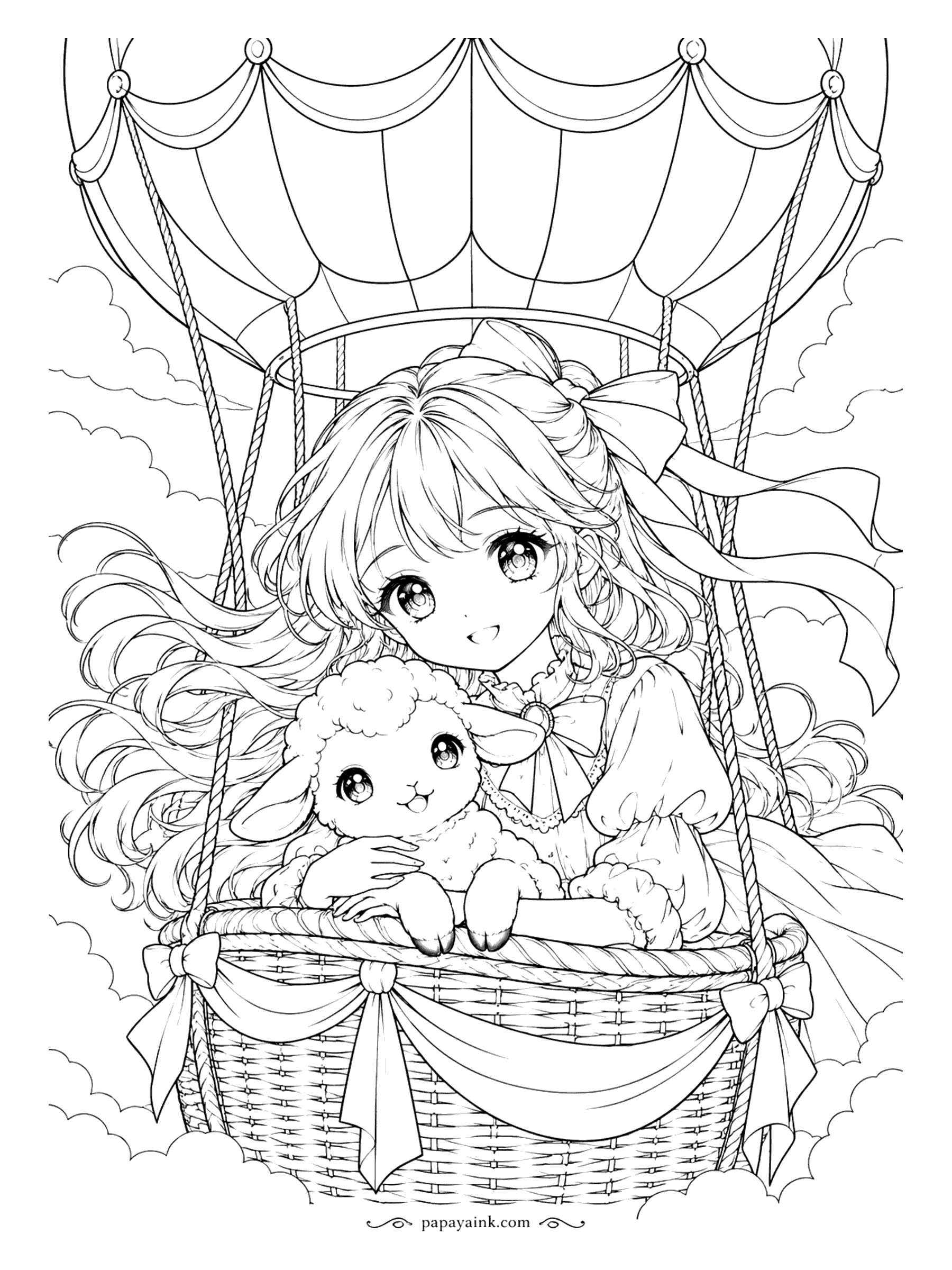 Anime Girl Coloring Pages - Up among the clouds in a hot air balloon, she shares the wicker basket with a woolly lamb. The striped balloon, swags and bows leave lots of room for a bold palette.