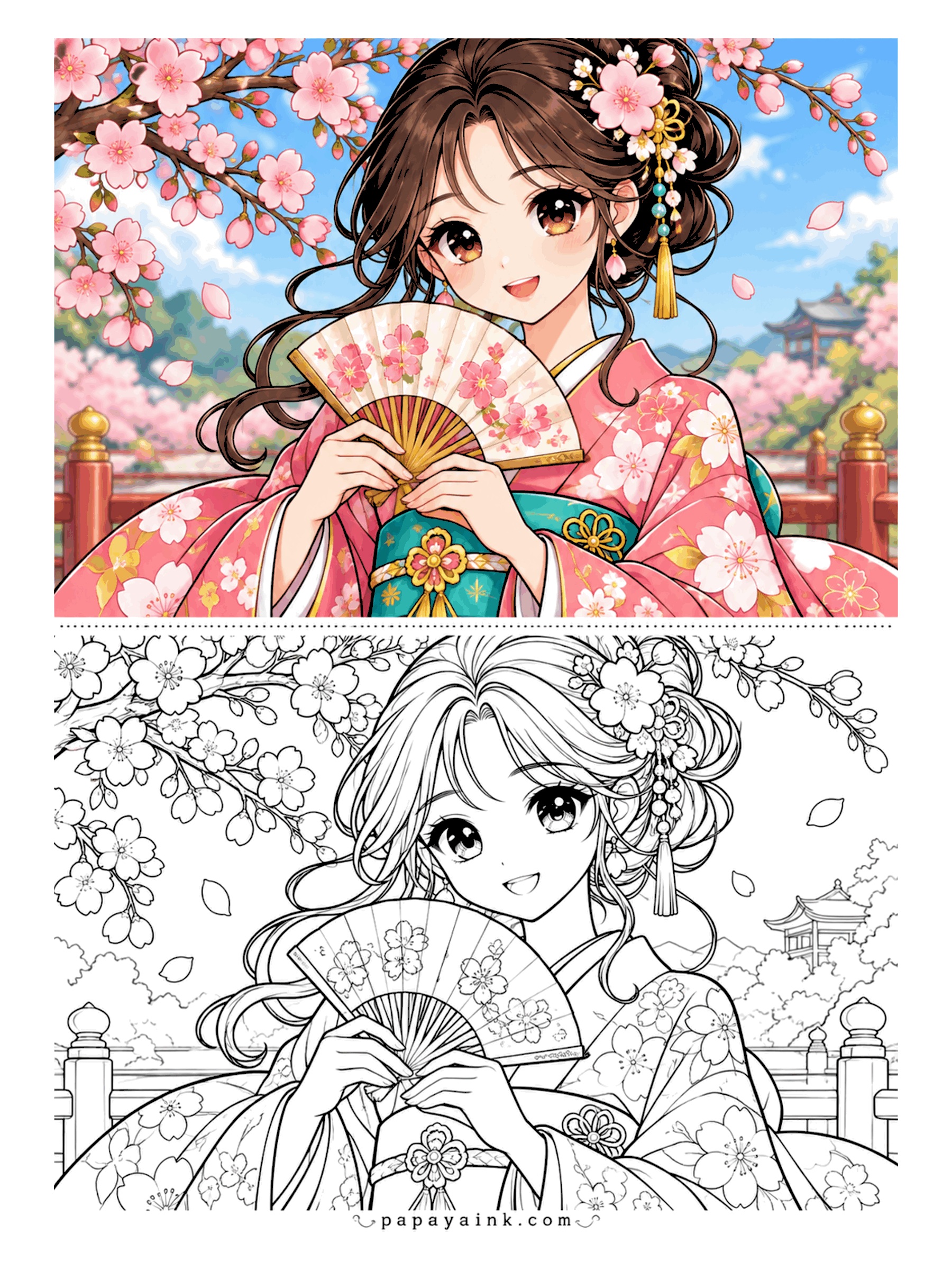 Anime Girl Coloring Pages - Cherry blossom season in full bloom, with a flowered kimono, a folding fan and a tasseled hairpin. Detailed - the blossom pattern on the fabric rewards a fine tip.