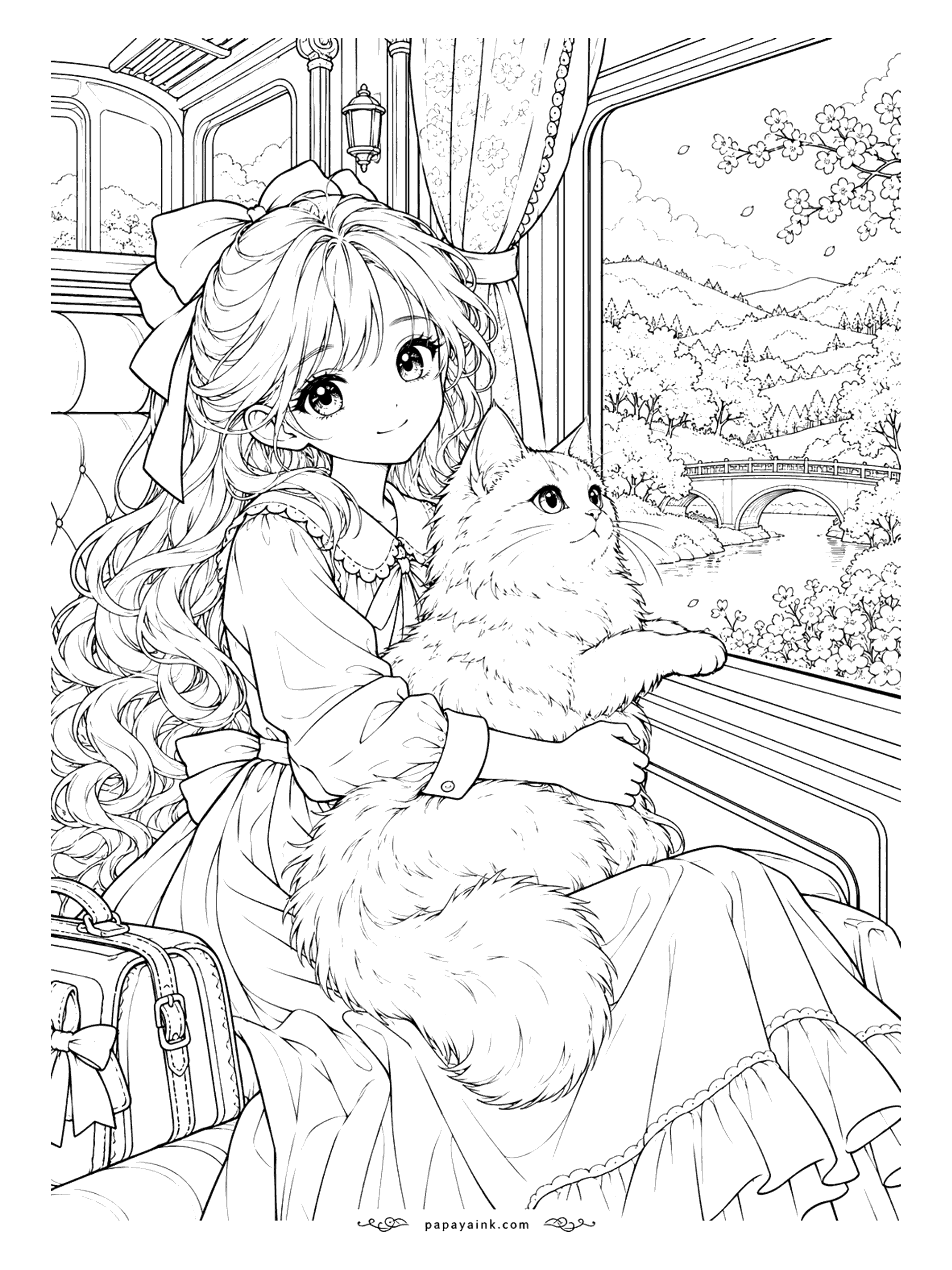 Anime Girl Coloring Pages - Window seat on an old-fashioned train: a very fluffy cat watches cherry blossoms, hills and a stone bridge slide by from the comfort of her lap. Detailed.