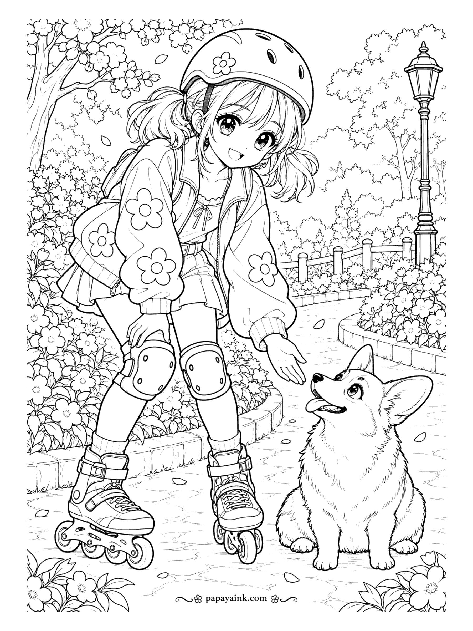 Anime Girl Coloring Pages - Helmet on, knee pads on, and the skating stops anyway - a corgi is sitting in the middle of the park path asking for attention.