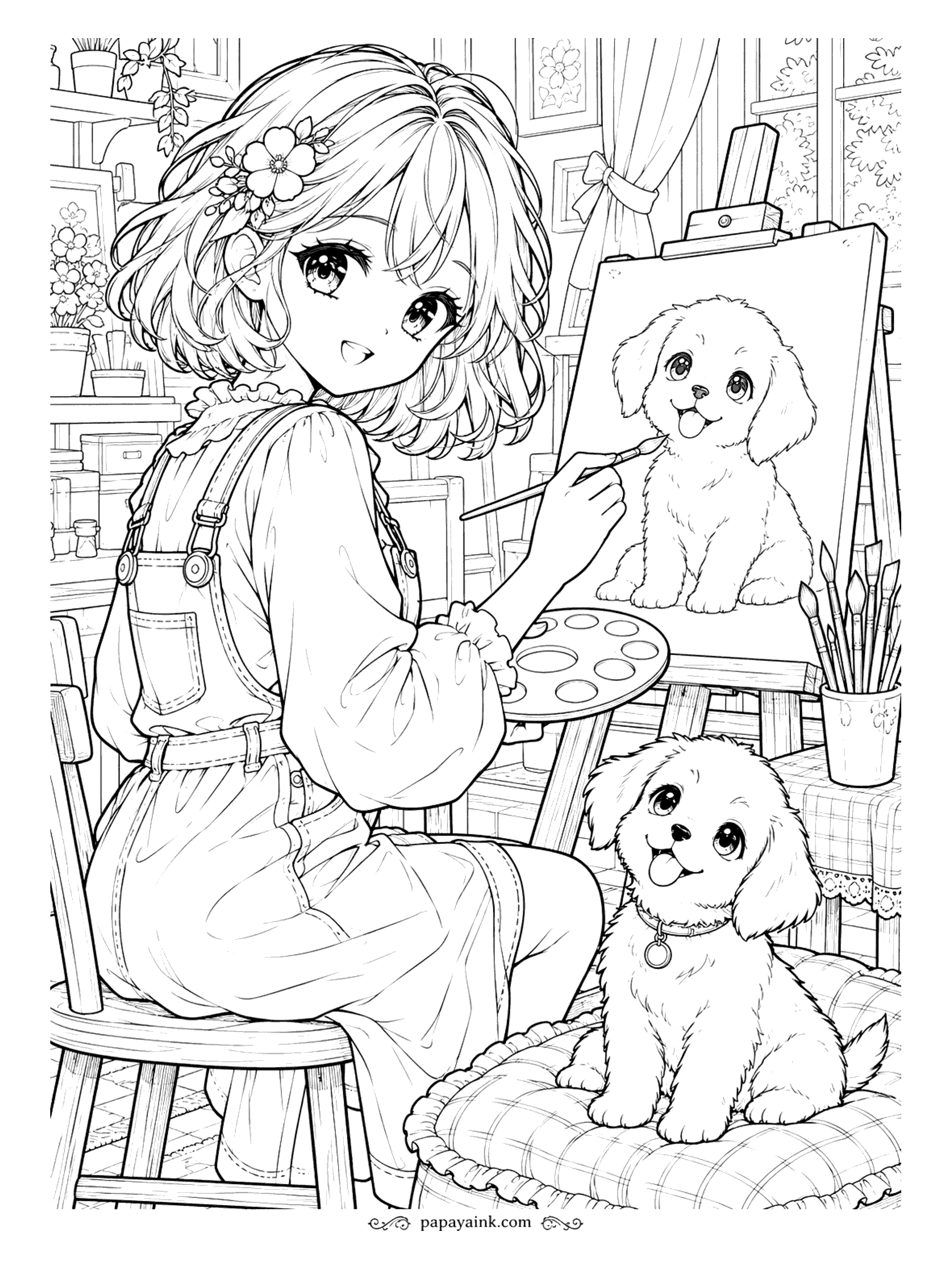 Anime Girl Coloring Pages - Portrait session in the art studio: the puppy holds its pose on a cushion, tongue out, while its likeness takes shape on the easel.
