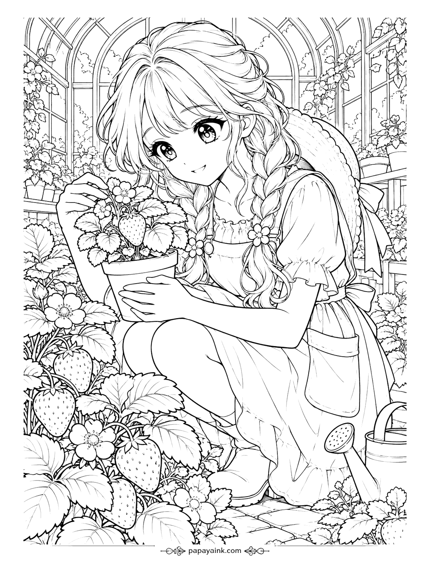 Anime Girl Coloring Pages - Under the glass roof of a greenhouse she lifts a potted strawberry plant to check the first ripe berry. Detailed - the big veined leaves are a pleasure for layering greens.