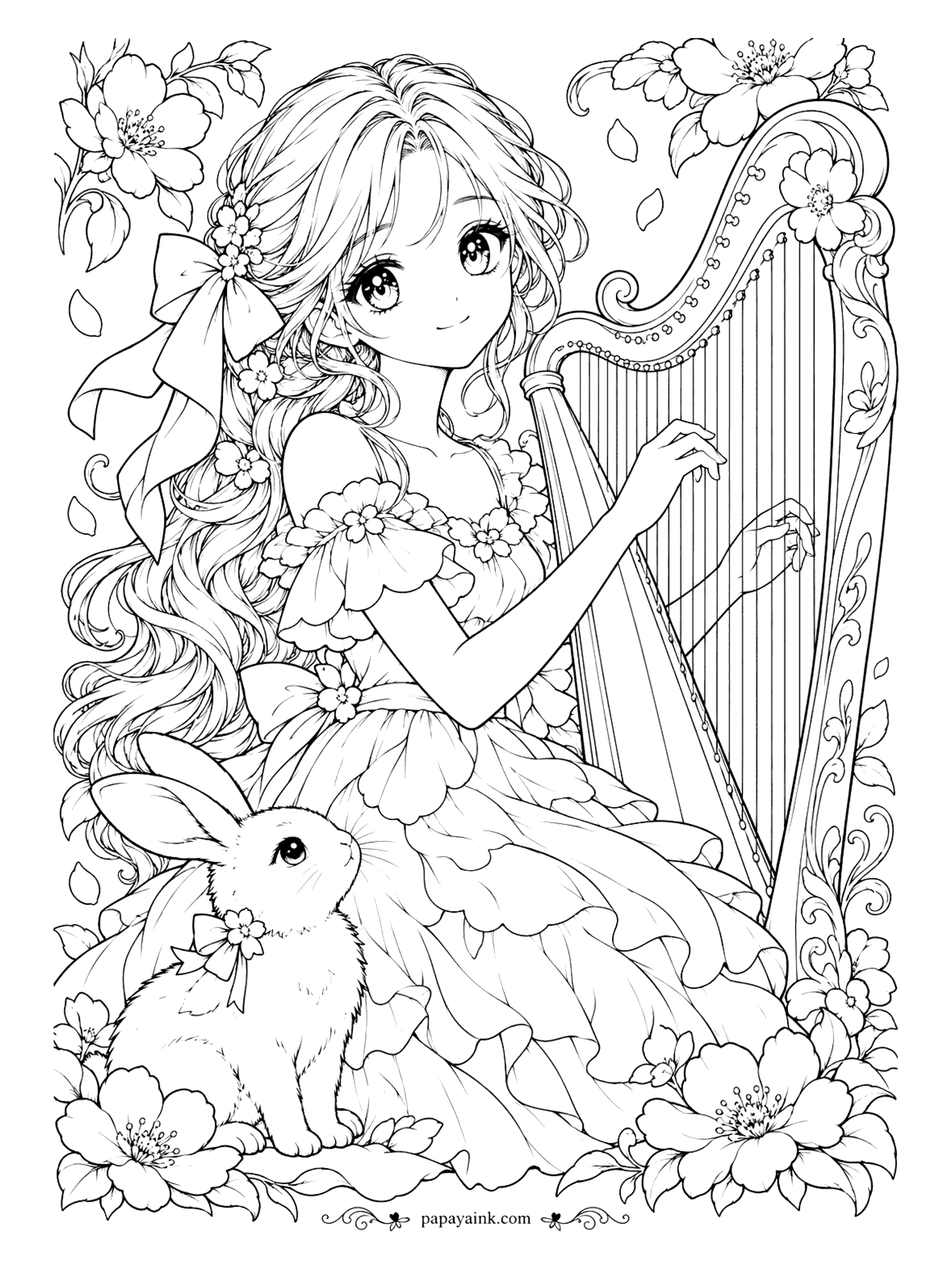 Anime Girl Coloring Pages - Harp strings, drifting petals and a dress built from layer upon layer of scalloped ruffles. A bunny with a flower bow listens at her feet. Detailed.