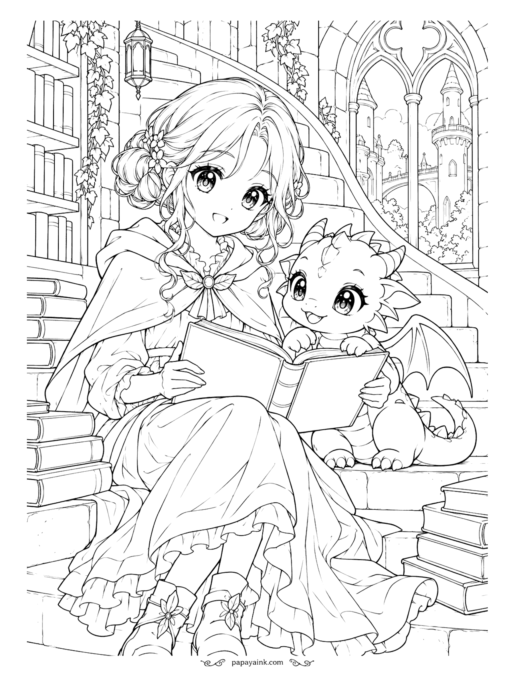 Anime Girl Coloring Pages - Story time on the stairs of a castle library, where a baby dragon leans on the book to follow along. Stone walls, ivy and stacked volumes fill the background.