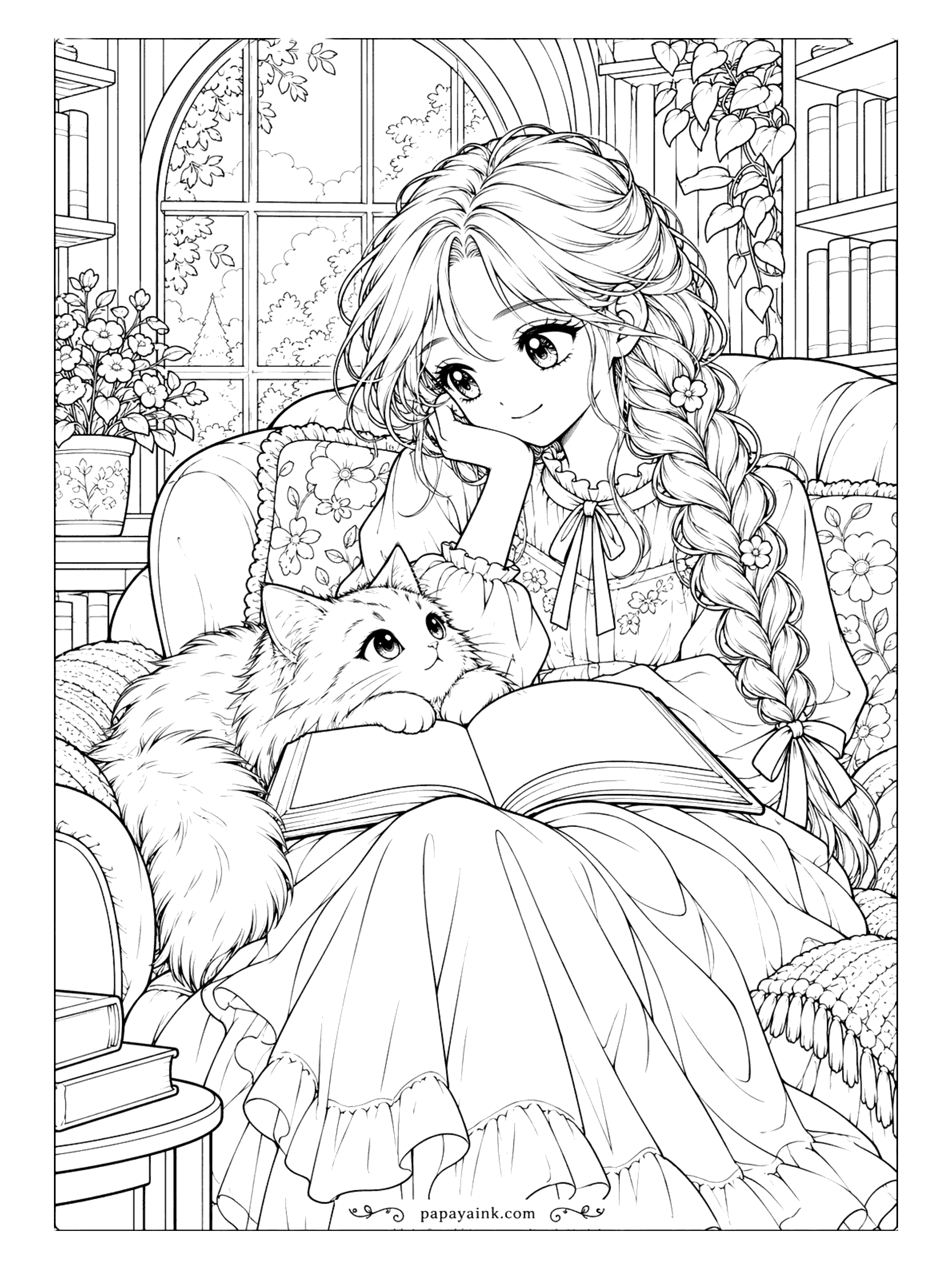 Anime Girl Coloring Pages - Curled into a deep armchair in the home library, she has stopped reading to smile at the fluffy cat resting its paws on the page. Her long braid is threaded with flowers.