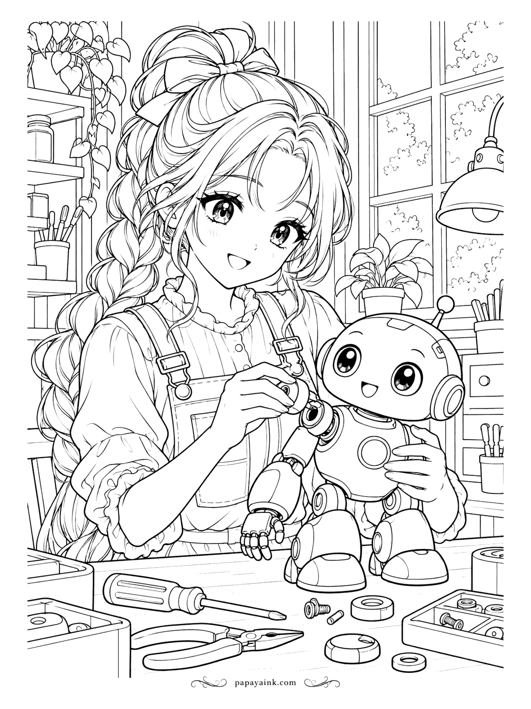 Anime Girl Coloring Pages - A loose arm joint is no match for a small screwdriver. At her workbench, in overalls and a long braid, she tightens up a round-headed little robot that looks delighted with the attention.