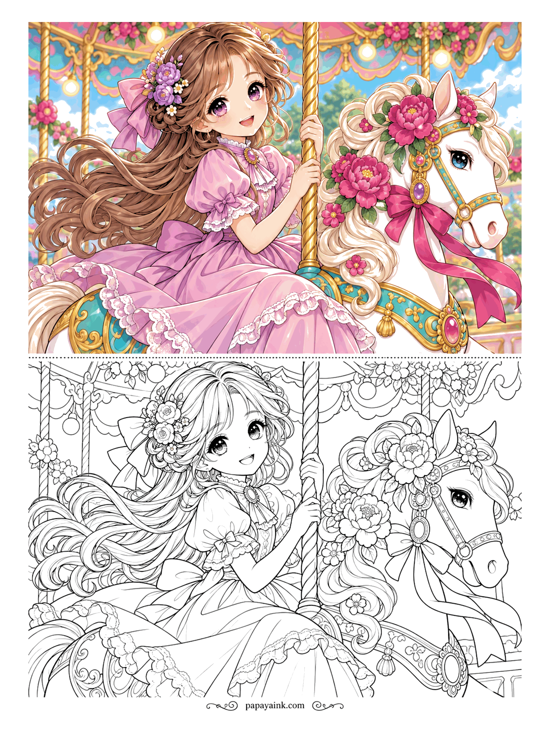 Anime Girl Coloring Pages - Round and round on a carousel horse dressed in peonies and ribbons, her hair streaming behind her. Detailed, with ornate tack and lace to take slowly.