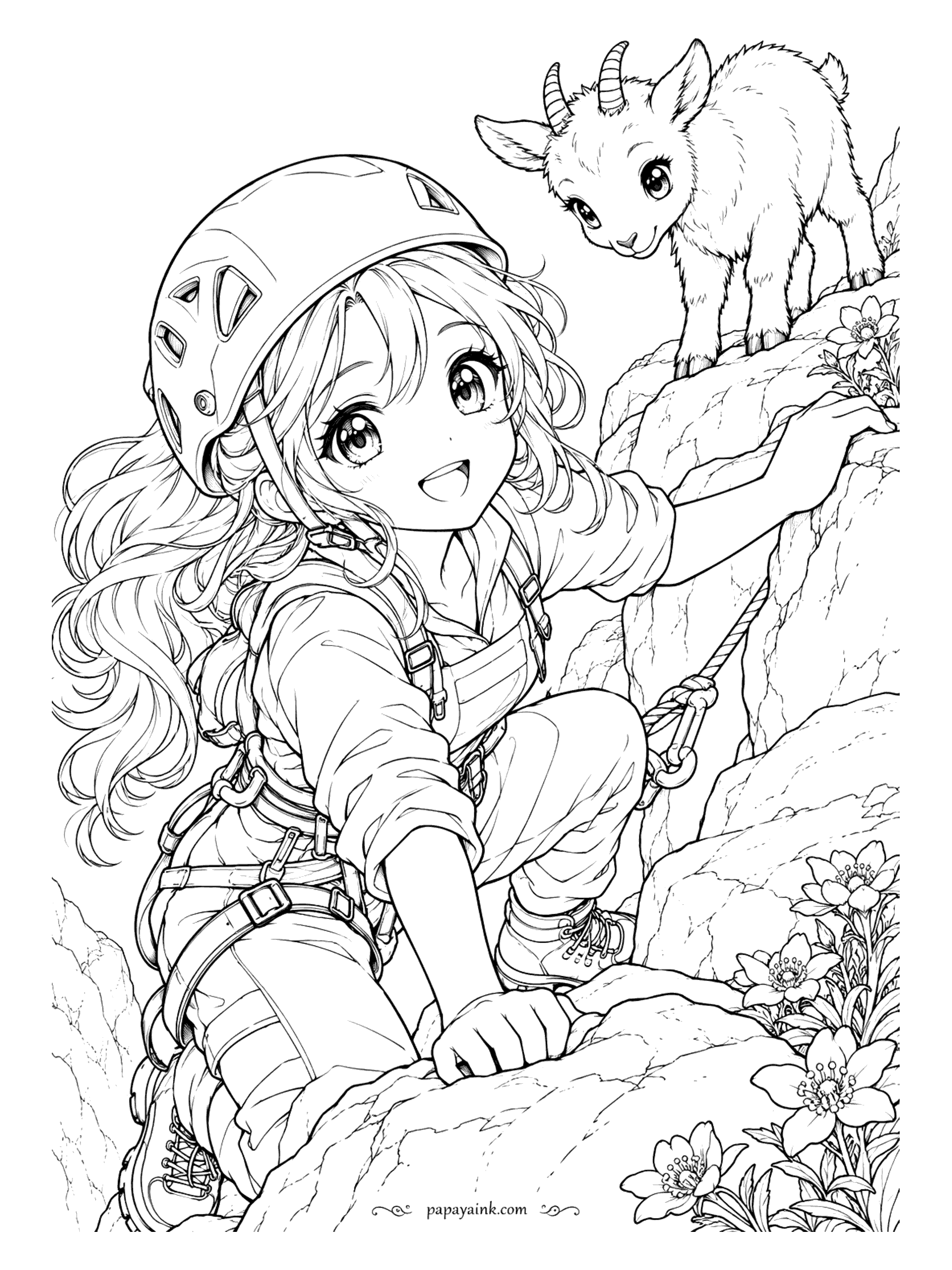 Anime Girl Coloring Pages - Almost at the top. Helmet, harness and rope are all in place, and a curious baby goat is waiting on the ledge above among the alpine flowers.