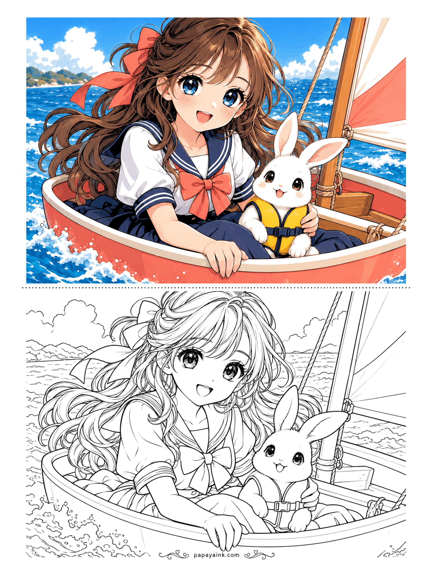 Anime Girl Coloring Pages - Sailing lesson for a bunny in a life jacket. Sailor collar, big bow, wind in her hair and choppy water all around the little red boat.