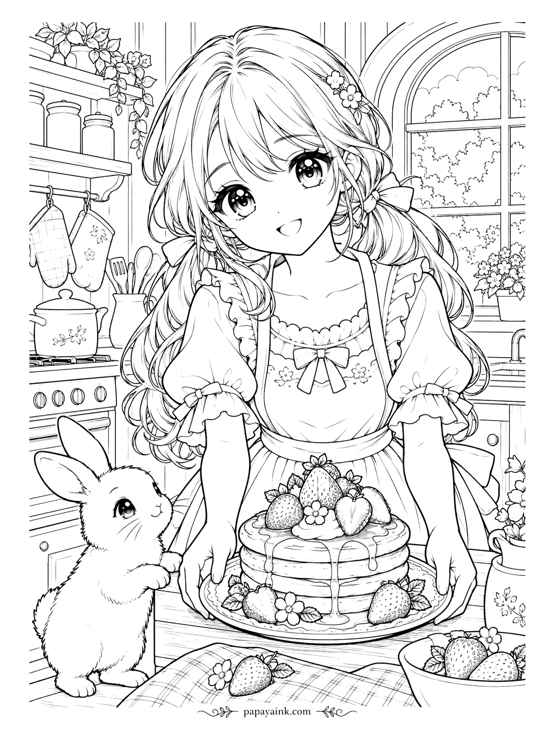 Anime Girl Coloring Pages - Fresh off the griddle - a stack of strawberry pancakes dripping with syrup, carried to the table under the hopeful eye of a bunny standing on tiptoe.