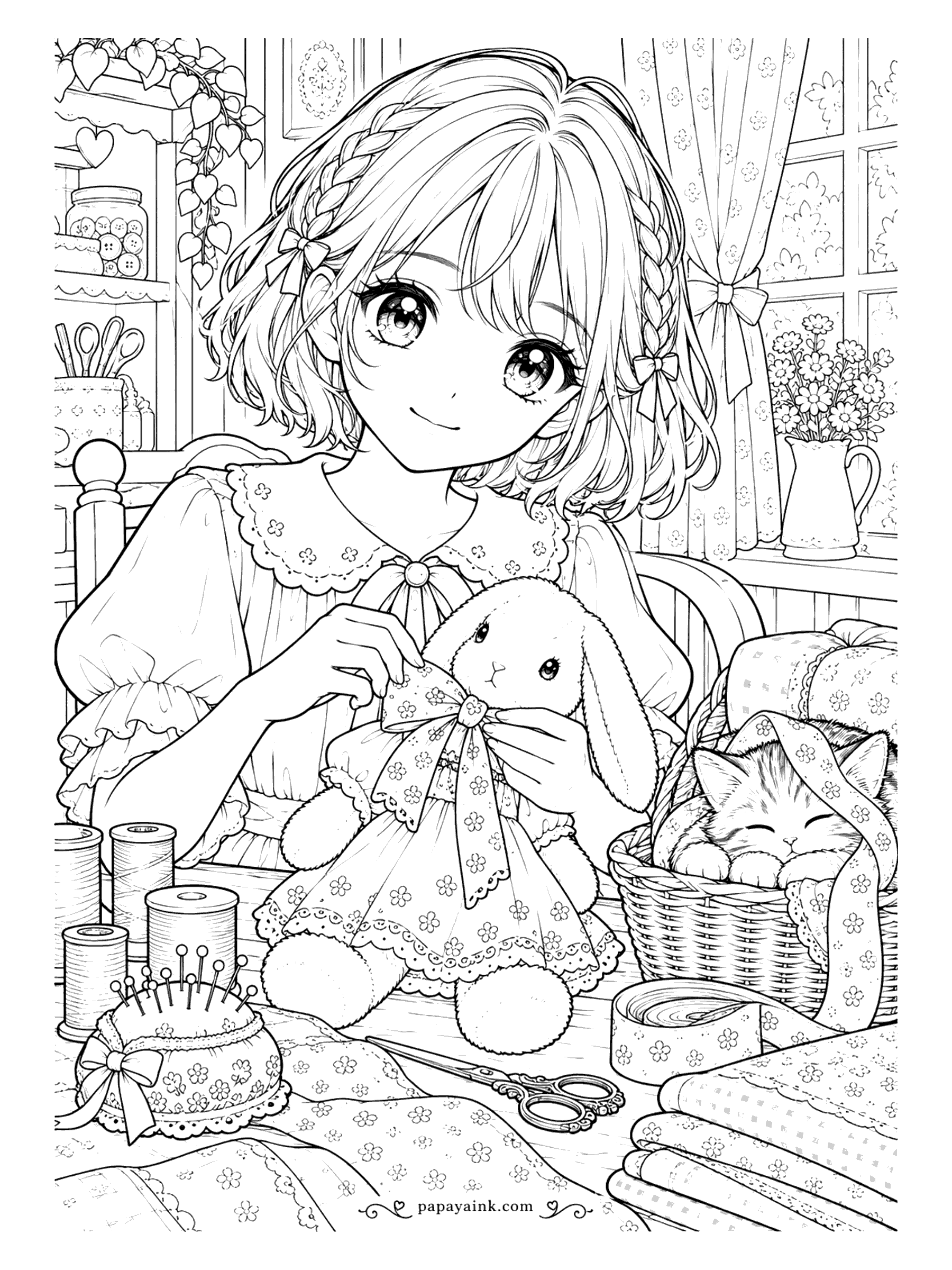 Anime Girl Coloring Pages - Sewing-room quiet: she ties the last bow on a plush bunny's party dress while a kitten sleeps in the ribbon basket. Detailed - spools, pins and tiny floral prints suit fine-tip pens.