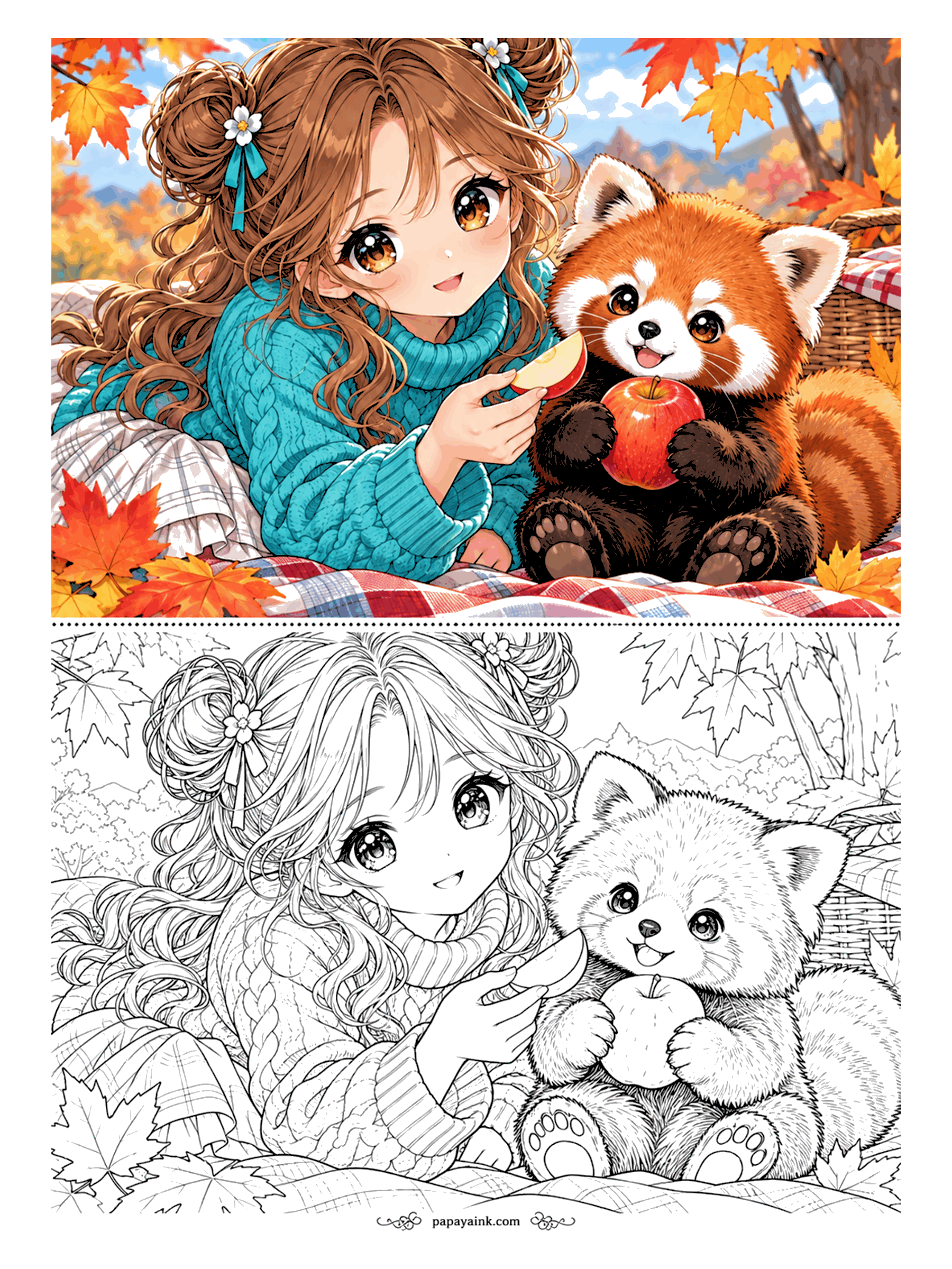Anime Girl Coloring Pages - Autumn picnic with an unusual guest - a red panda hugging a whole apple while she offers it a slice. Cable-knit sweater, plaid blanket and maple leaves, shown in teal and rust in the color sample.