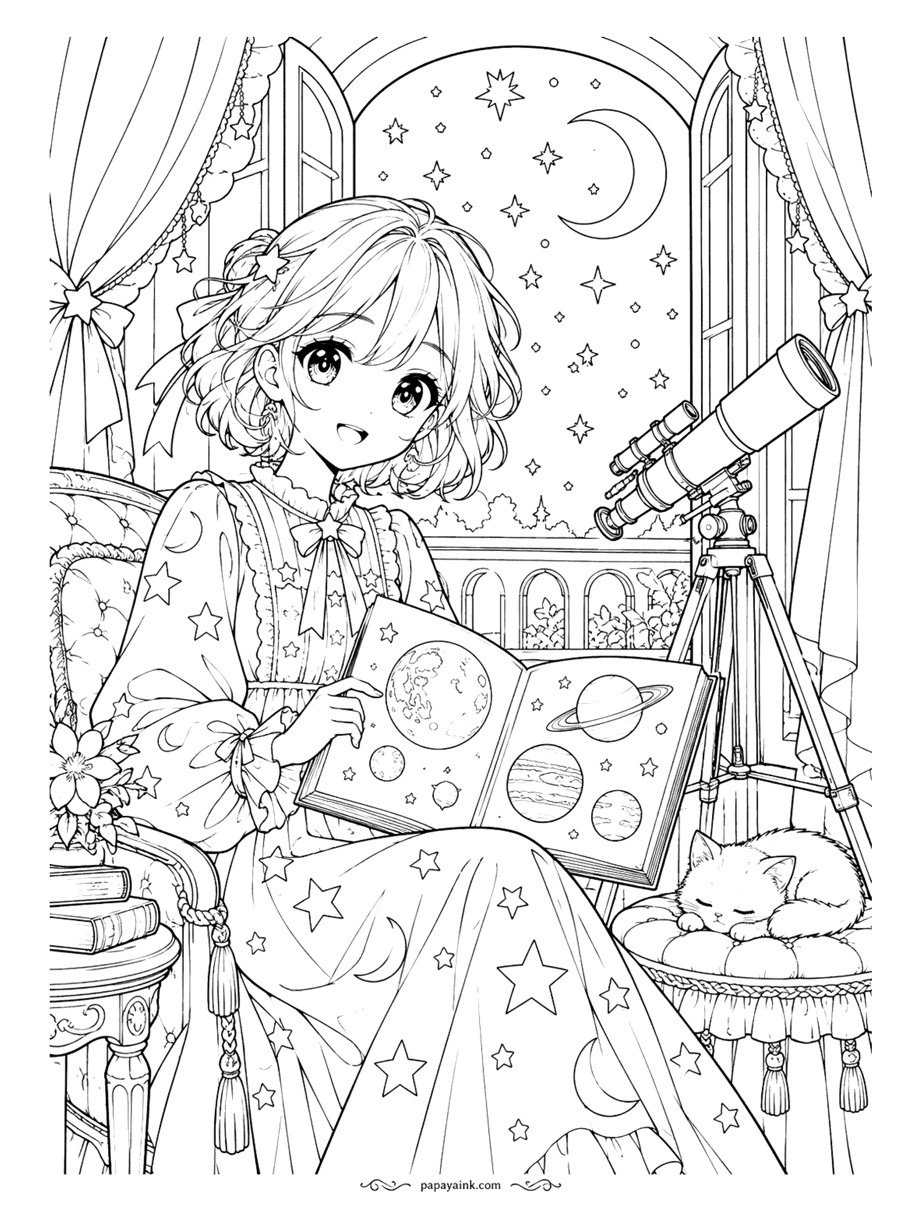 Anime Girl Coloring Pages - Long after bedtime, with a planet atlas open on her lap, a telescope aimed at the crescent moon and a cat asleep on the footstool.