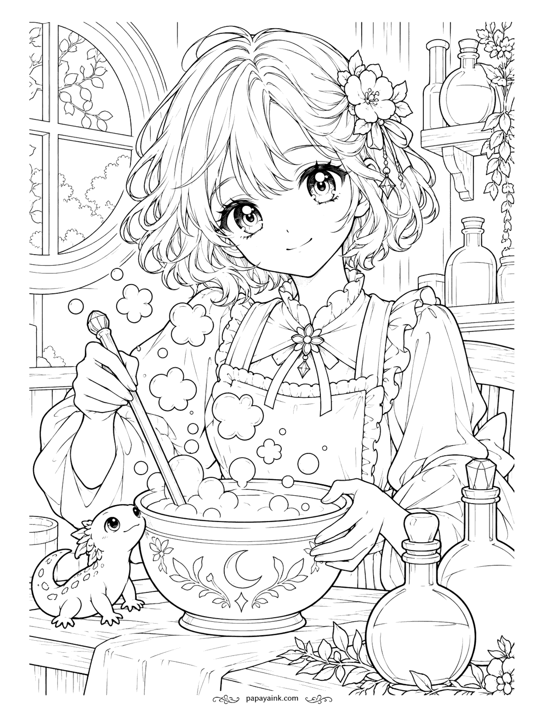 Anime Girl Coloring Pages - Something is bubbling in the moon-painted bowl, and the bubbles come out shaped like flowers. A tiny axolotl watches the potion from the table, surrounded by corked bottles.