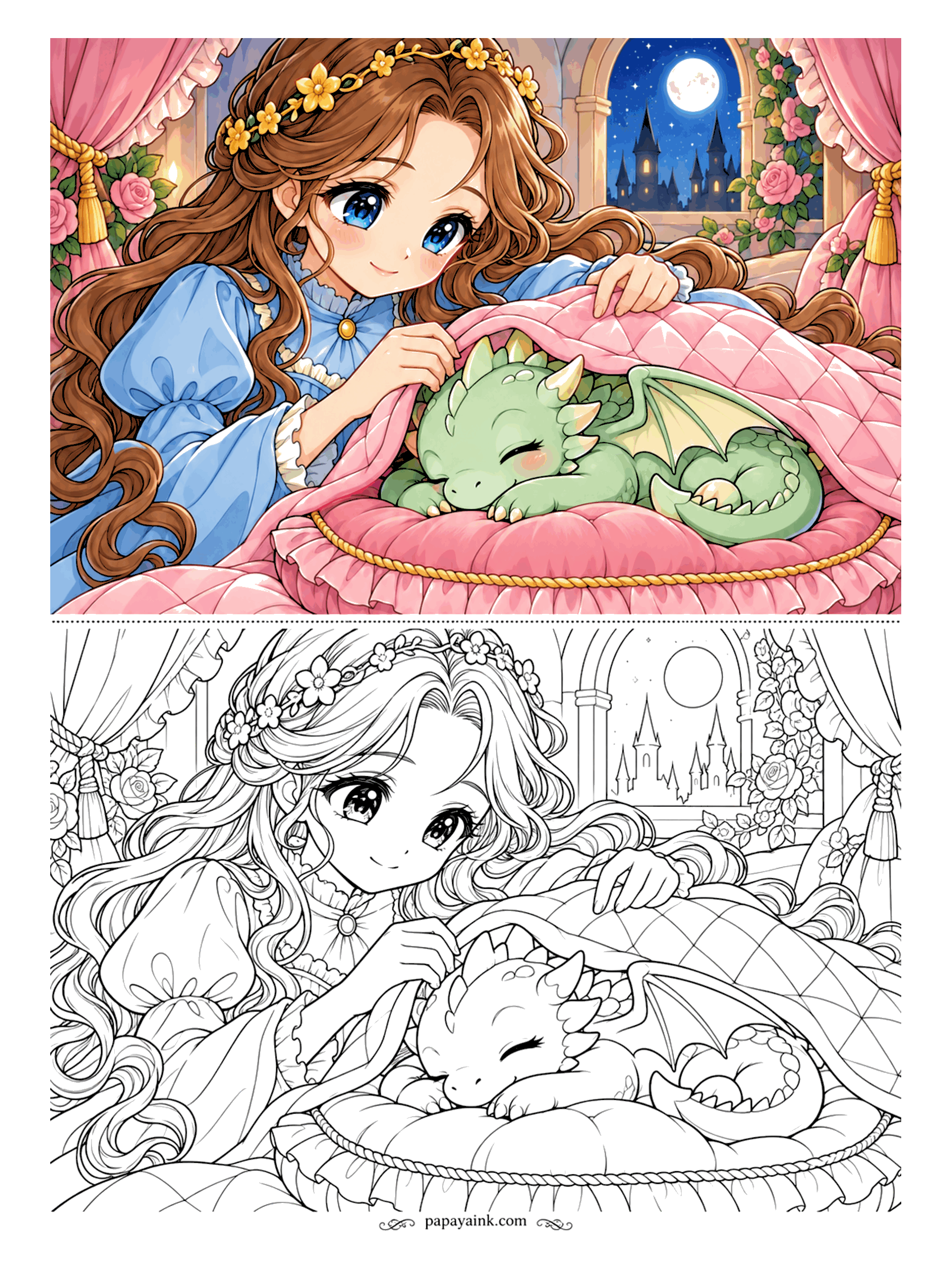 Anime Girl Coloring Pages - Shh - the baby dragon has finally fallen asleep on its cushion, and she is pulling up a quilted blanket while the moon rises over the castle.