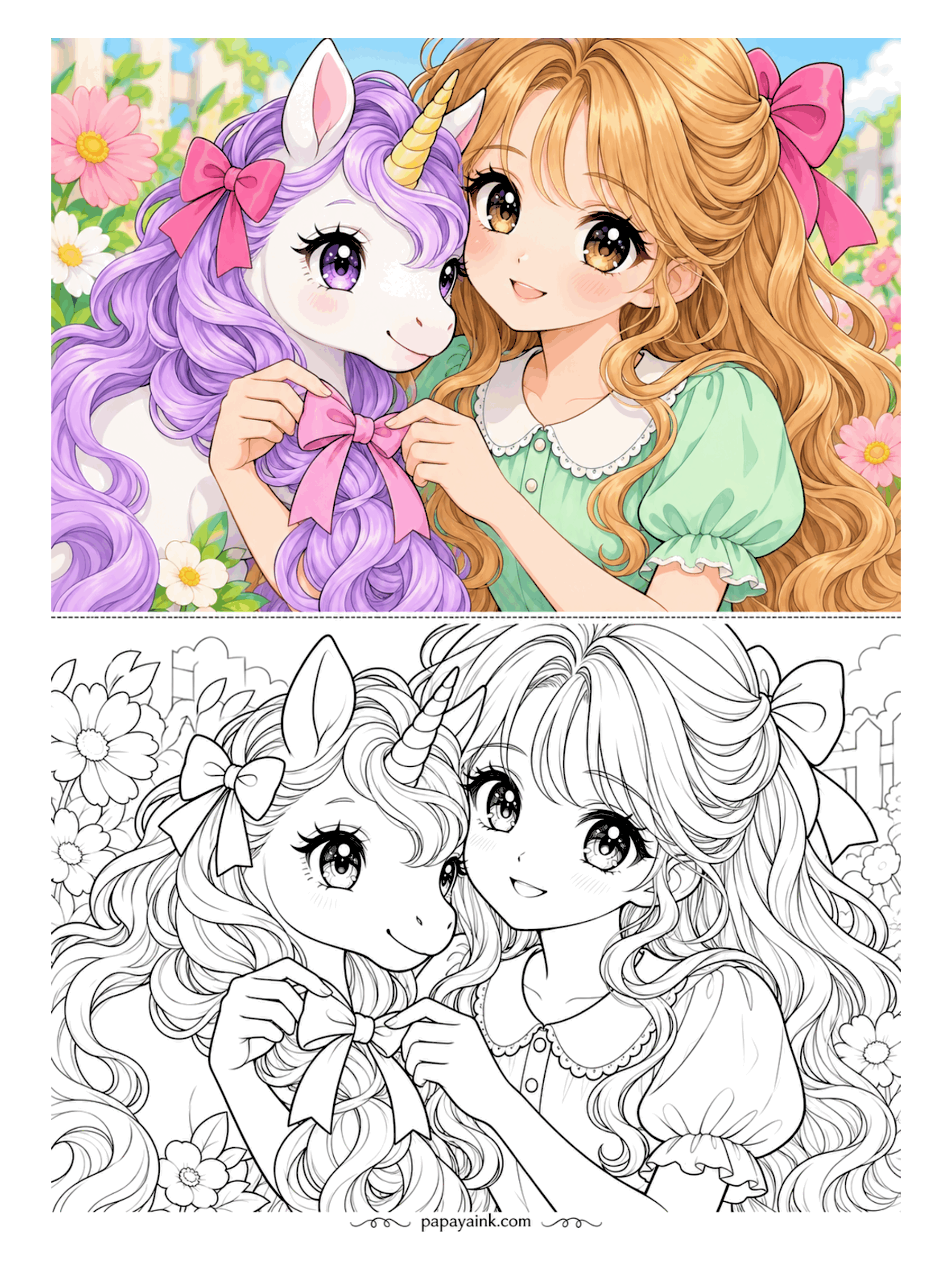 Anime Girl Coloring Pages - Every unicorn needs a proper bow. She ties a ribbon into its long curly mane, cheek to cheek, with garden flowers behind them.