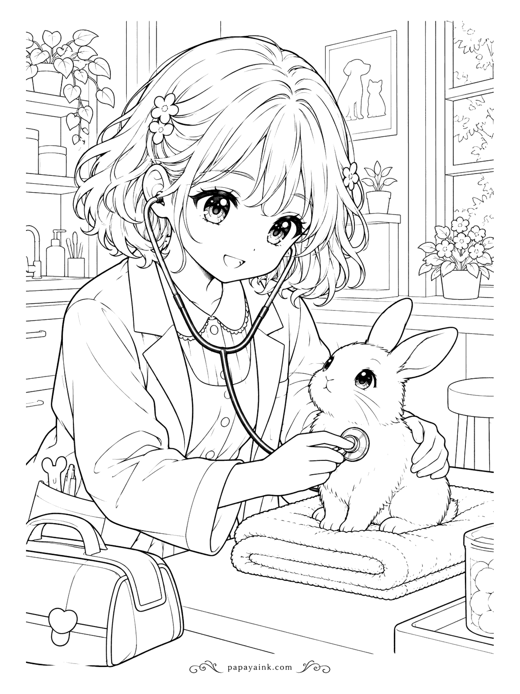 Anime Girl Coloring Pages - Checkup time at the vet clinic: stethoscope on, a steadying hand on a fluffy bunny that sits very still on its folded towel. Shelves, potted plants and a doctor's bag fill the room behind them.
