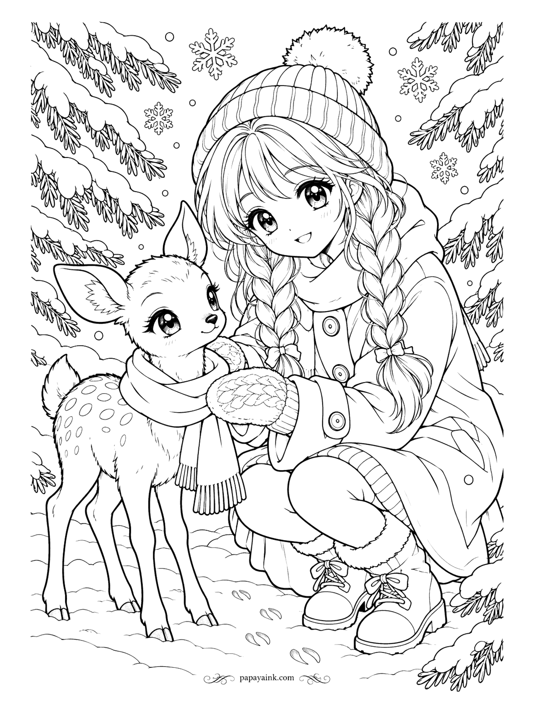 Anime Girl Coloring Pages - Snow on the pine branches, a pom-pom hat, and knitted mittens straightening the scarf on a spotted fawn. A calm winter page with big open shapes.