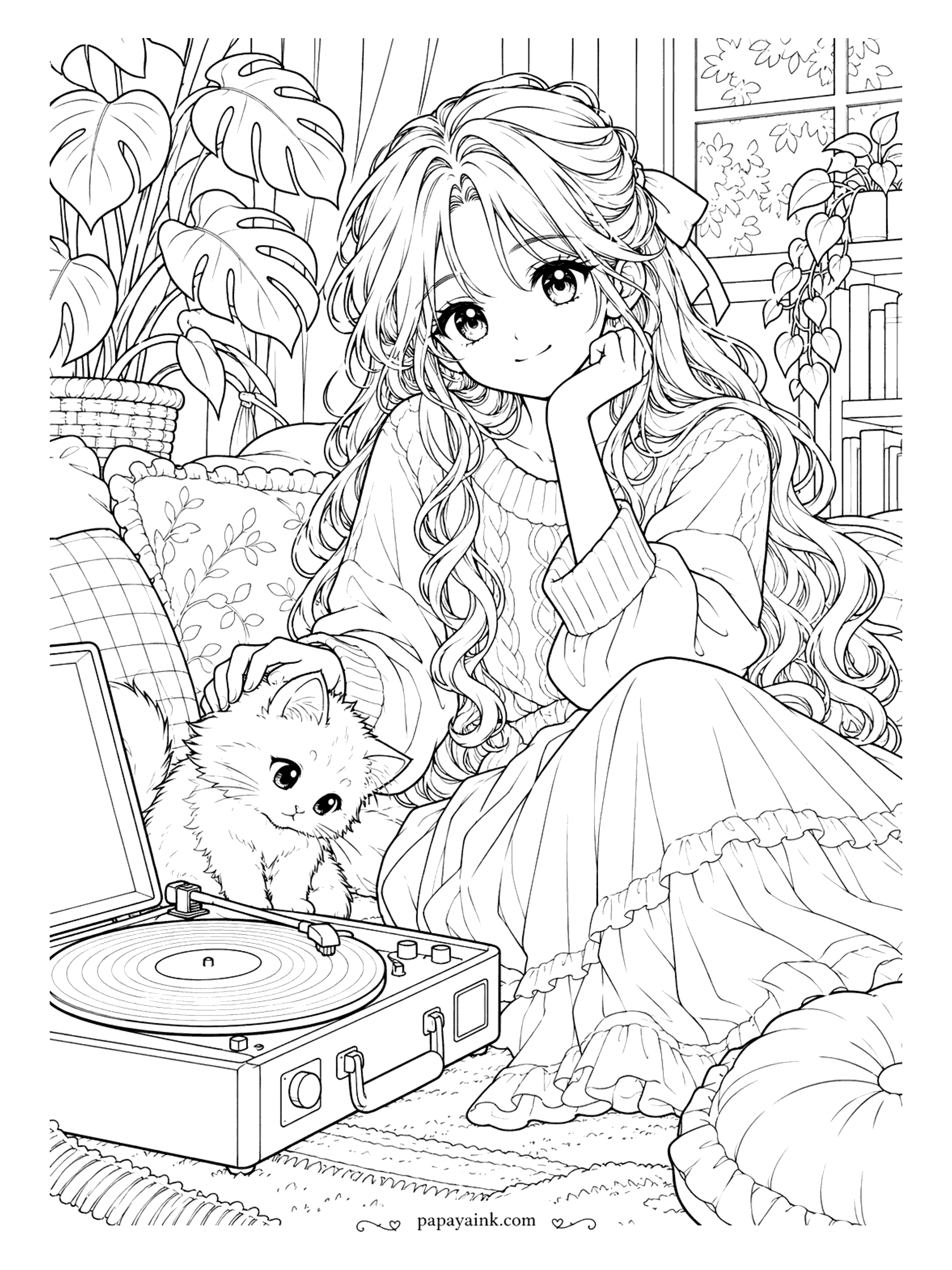 Anime Girl Coloring Pages - Vinyl spinning, a cable-knit sweater, a pile of cushions under a monstera. The kitten is far more interested in the turntable than in being petted.