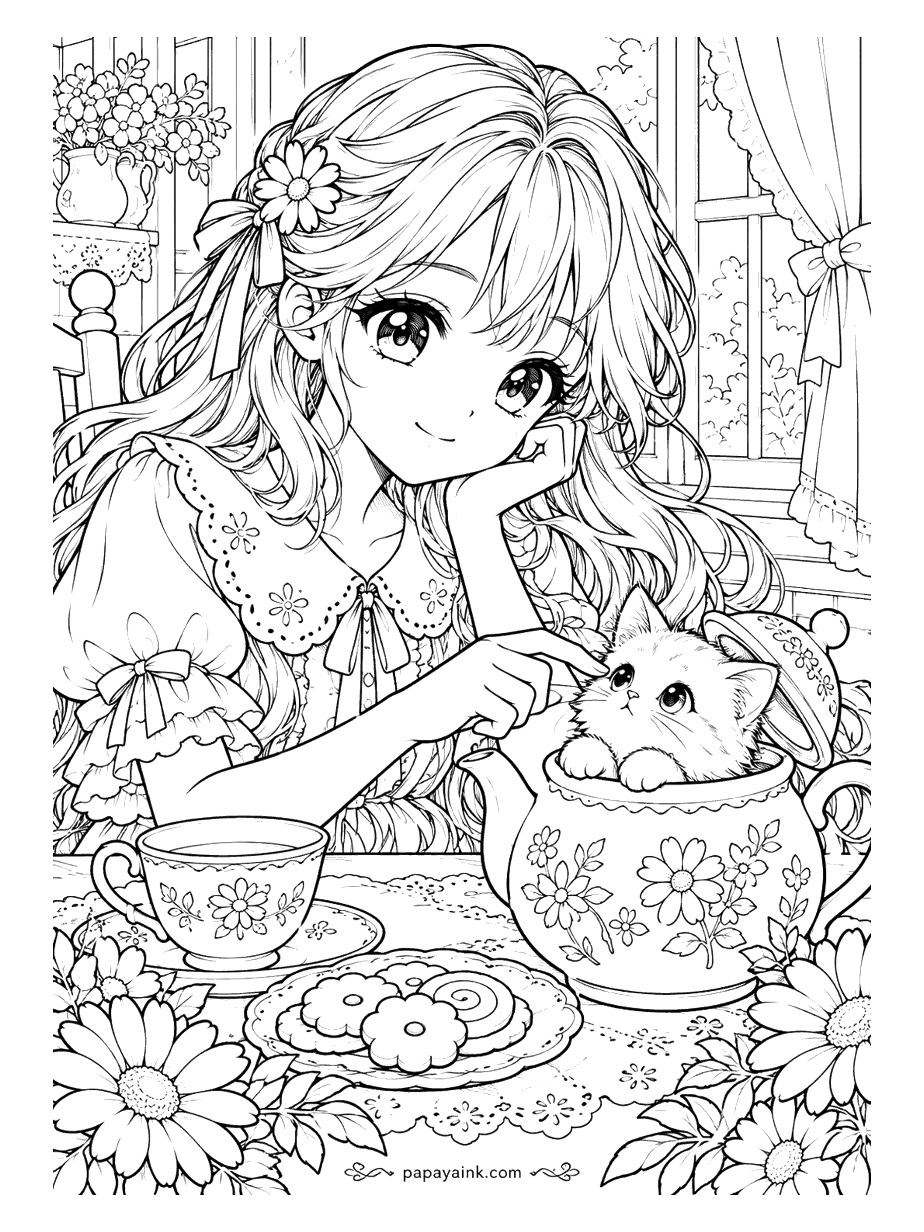 Anime Girl Coloring Pages - Somebody has moved into the teapot. Chin in hand, she gives the kitten a gentle tap on the head over a table set with cookies, lace and oversized daisies.