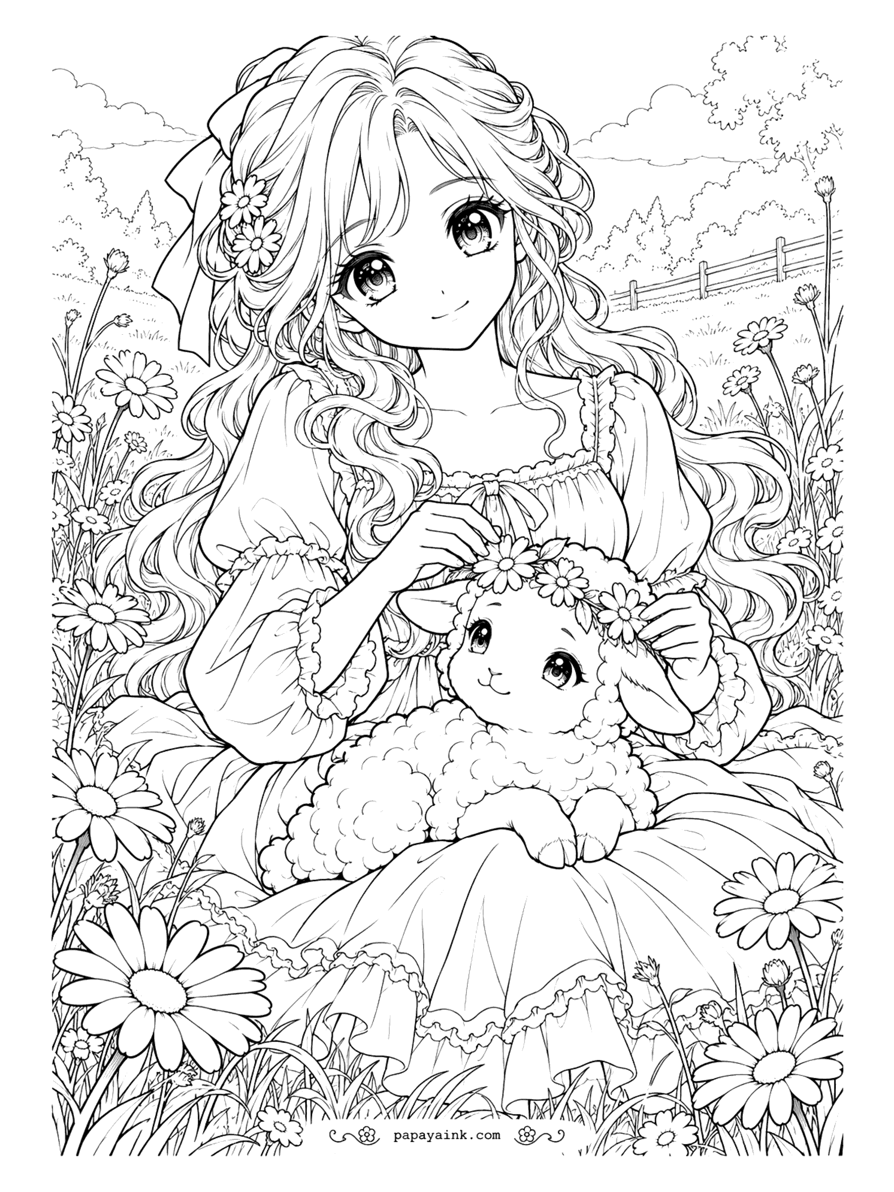 Anime Girl Coloring Pages - Daisy-chain weather. A lamb gets its own flower crown in a wide summer meadow, and her long wavy hair leaves plenty of room for shading practice.