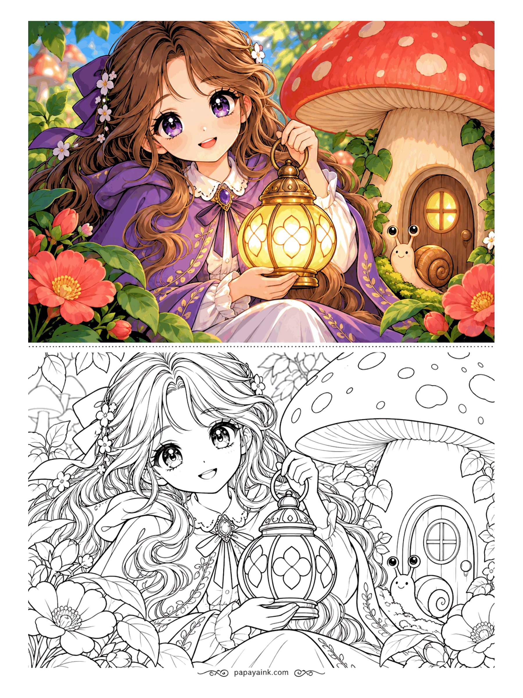 Anime Girl Coloring Pages - Deep in a storybook garden she lifts a glowing lantern outside a mushroom cottage, where a friendly snail keeps watch by the door.