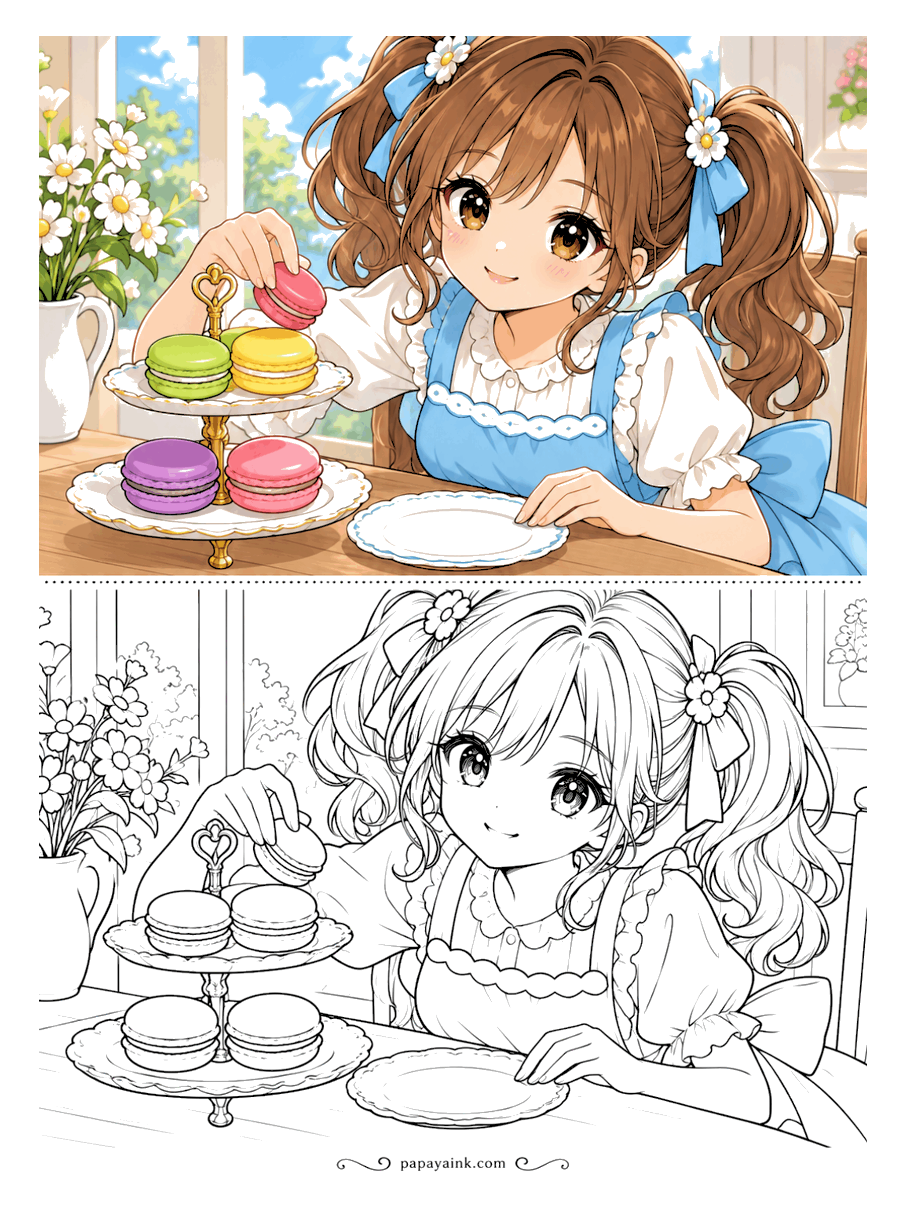 Anime Girl Coloring Pages - Teatime choice: which macaron first? A tiered stand of them sits on the table, in pistachio, lemon, raspberry and lavender in the color sample.