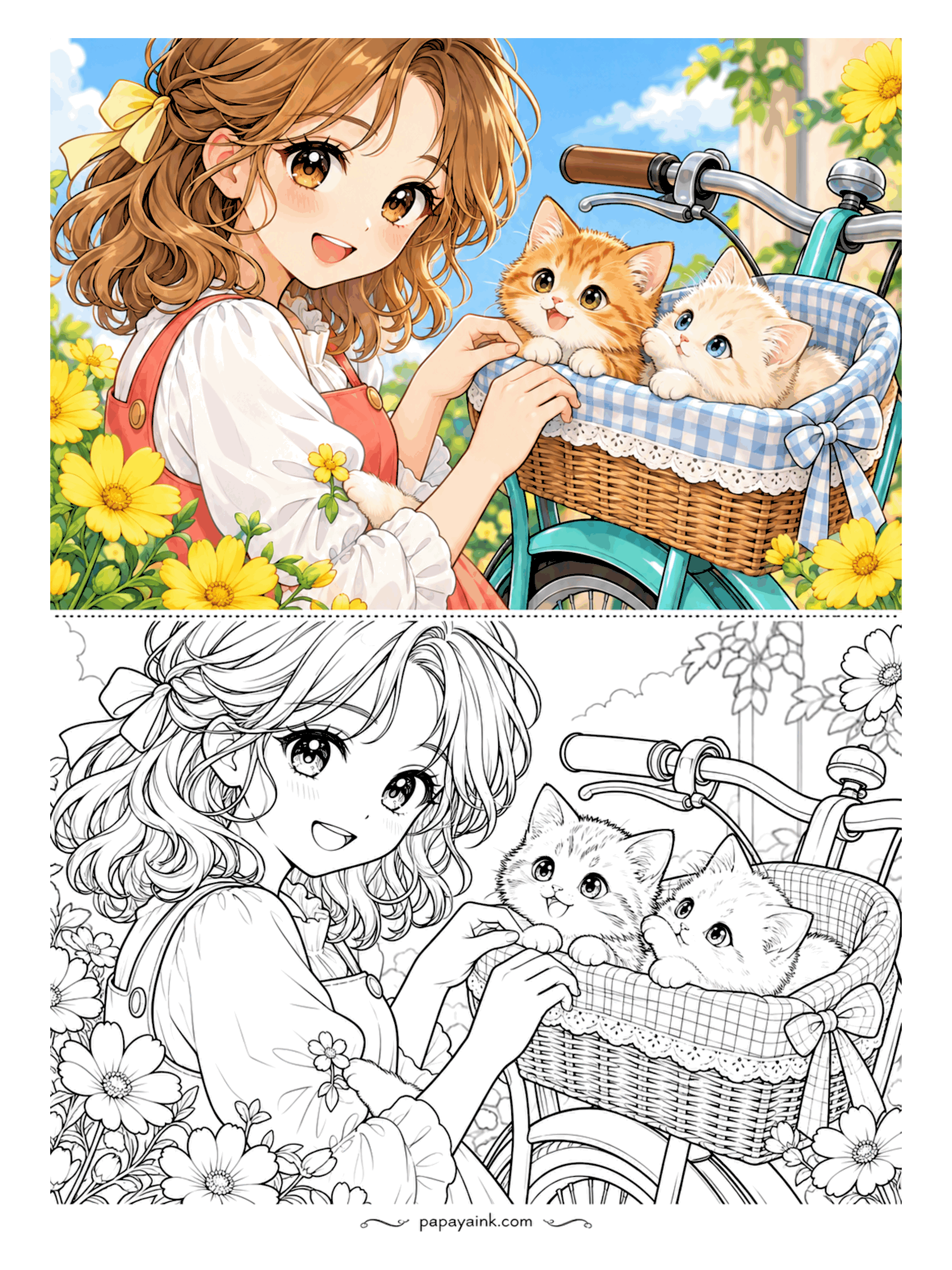 Anime Girl Coloring Pages - Kittens ride up front in a gingham-lined bicycle basket, and neither seems ready to get out. Yellow flowers and a mint-green bike set the palette in the sample.