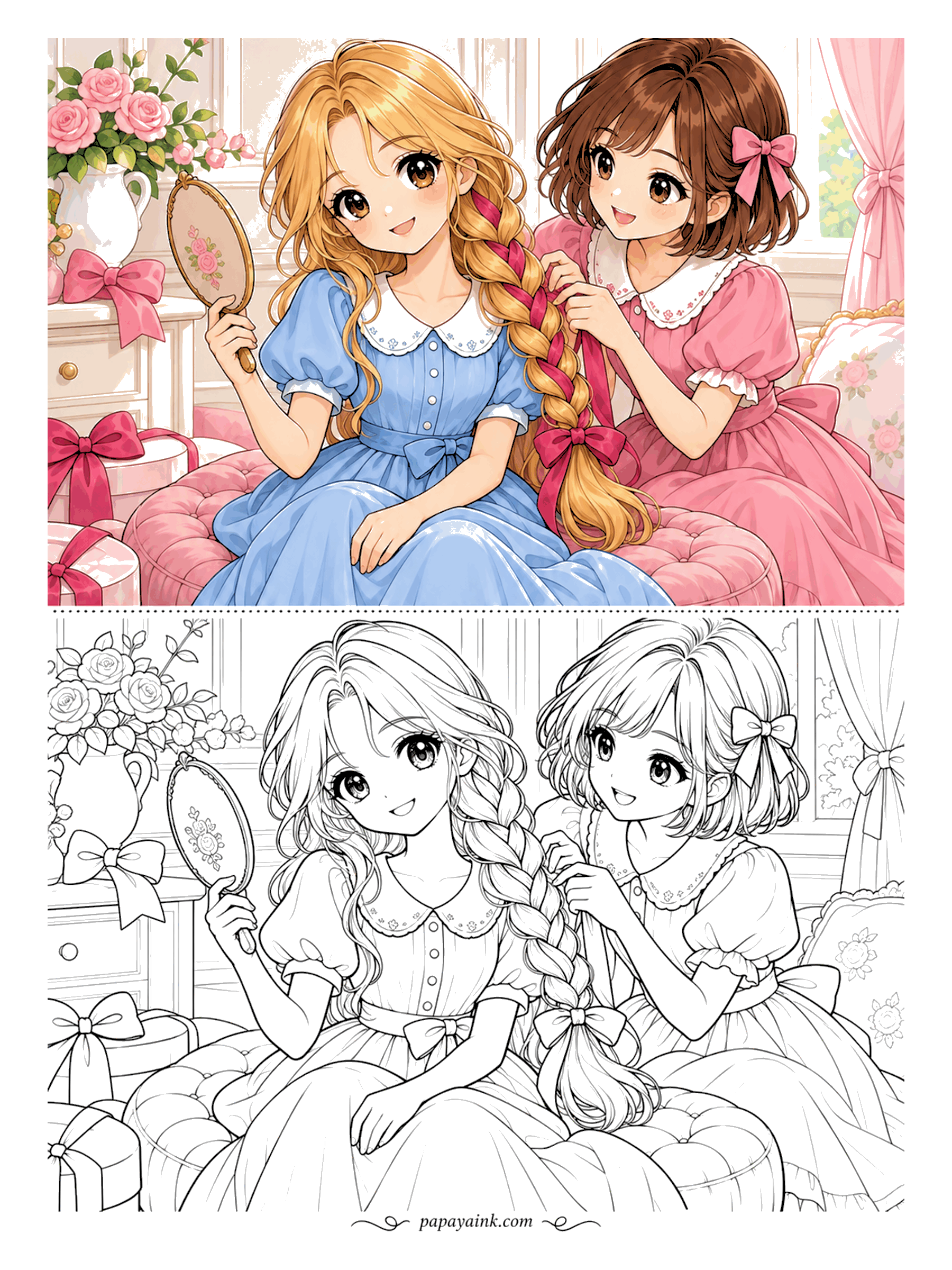 Anime Girl Coloring Pages - Hair salon at home - a long golden braid gets a ribbon woven through it while its owner checks progress in a hand mirror.