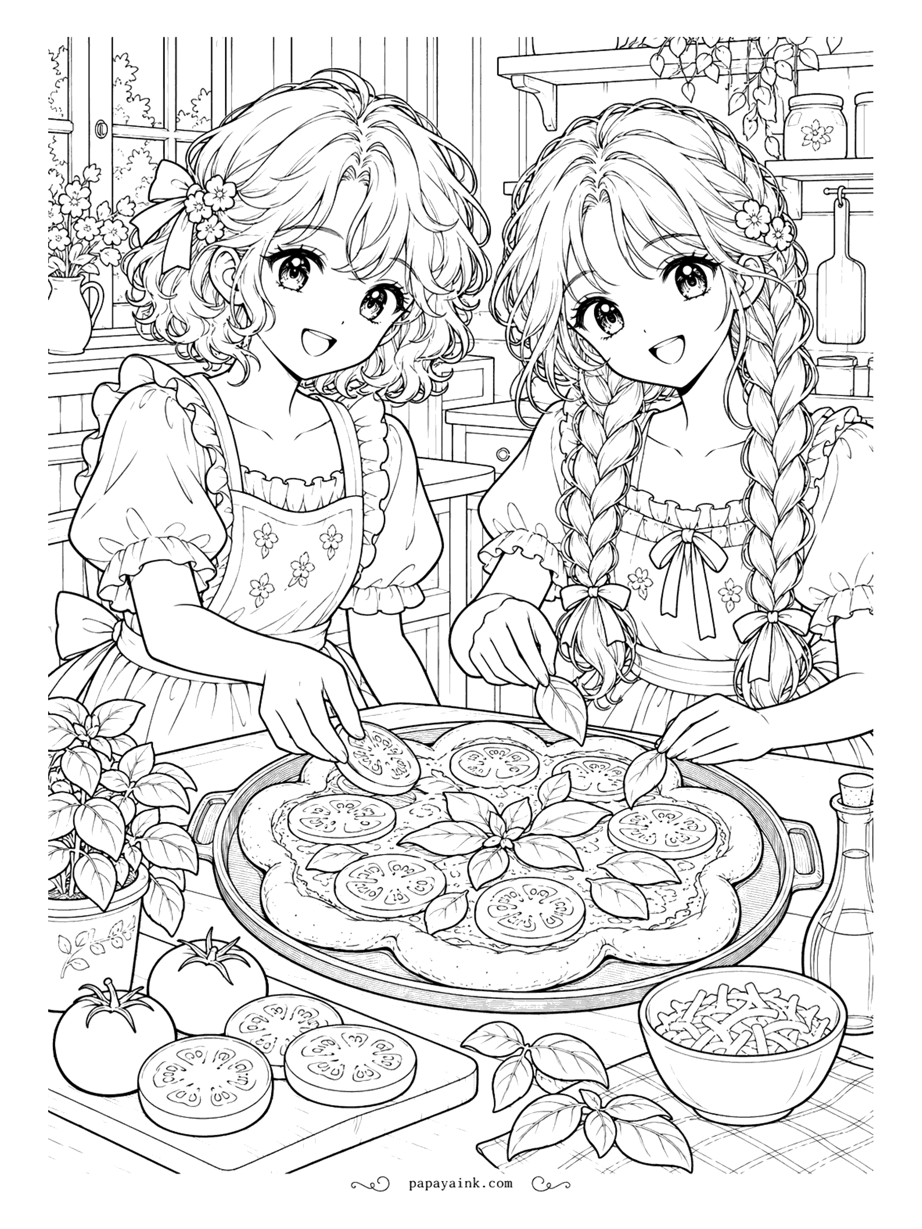 Anime Girl Coloring Pages - Pizza night, garden edition - the dough is shaped like a flower, and a pair of friends in ruffled aprons finish it with tomato slices and fresh basil leaves. Detailed, with plenty of small kitchen things to color.