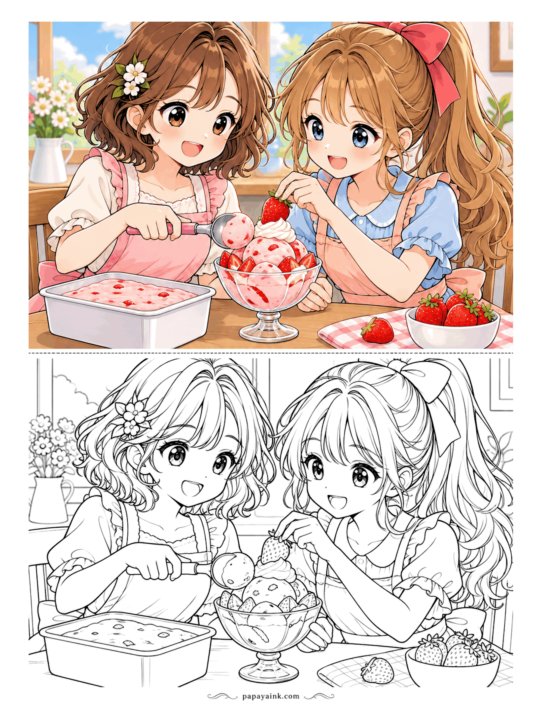 Anime Girl Coloring Pages - Sundae in progress: a scoop of strawberry ice cream goes in, a berry goes on top, and both cooks look very pleased with themselves.