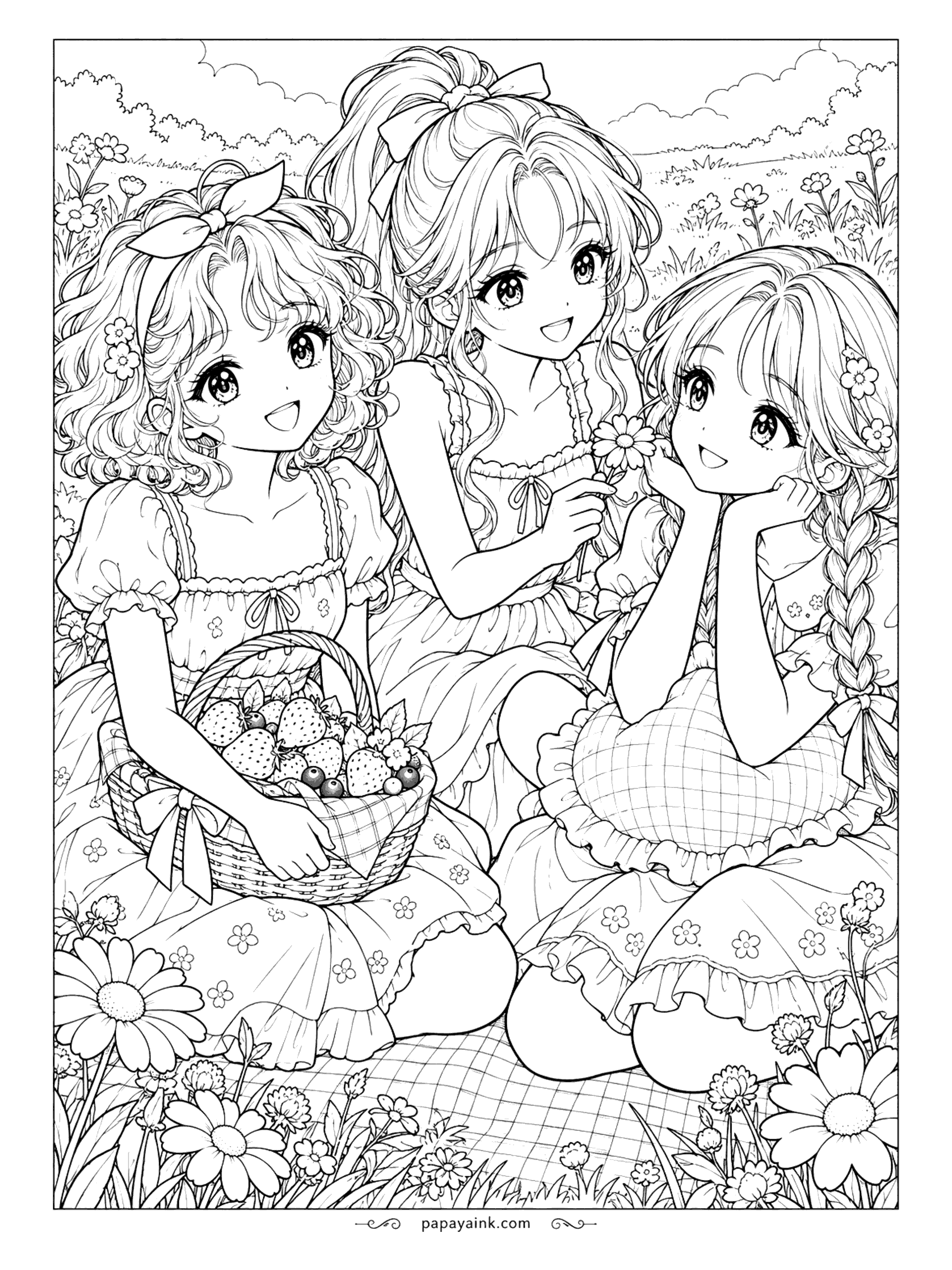 Anime Girl Coloring Pages - Picnic blanket, a basket of strawberries and a field of wildflowers shared by a trio of friends. Each has her own hairstyle, so it is a good sheet for trying different color schemes side by side.