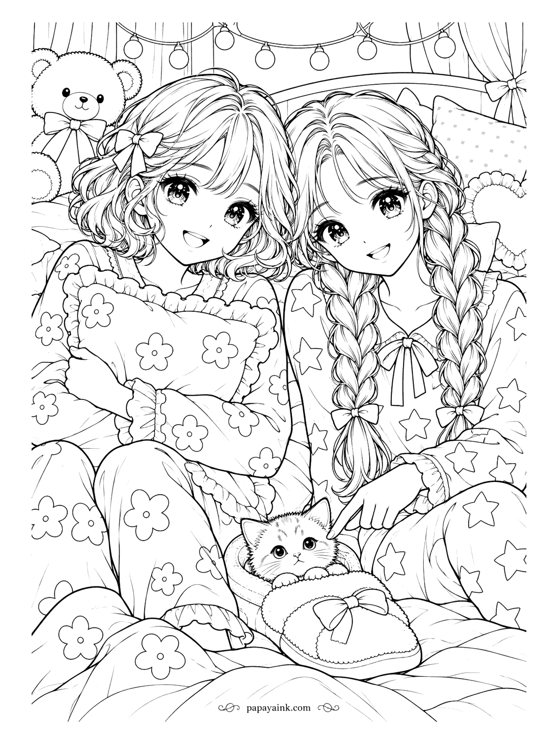 Anime Girl Coloring Pages - Best friends at a sleepover, in flower and star pajamas, with string lights overhead and a kitten tucked into a fuzzy slipper.